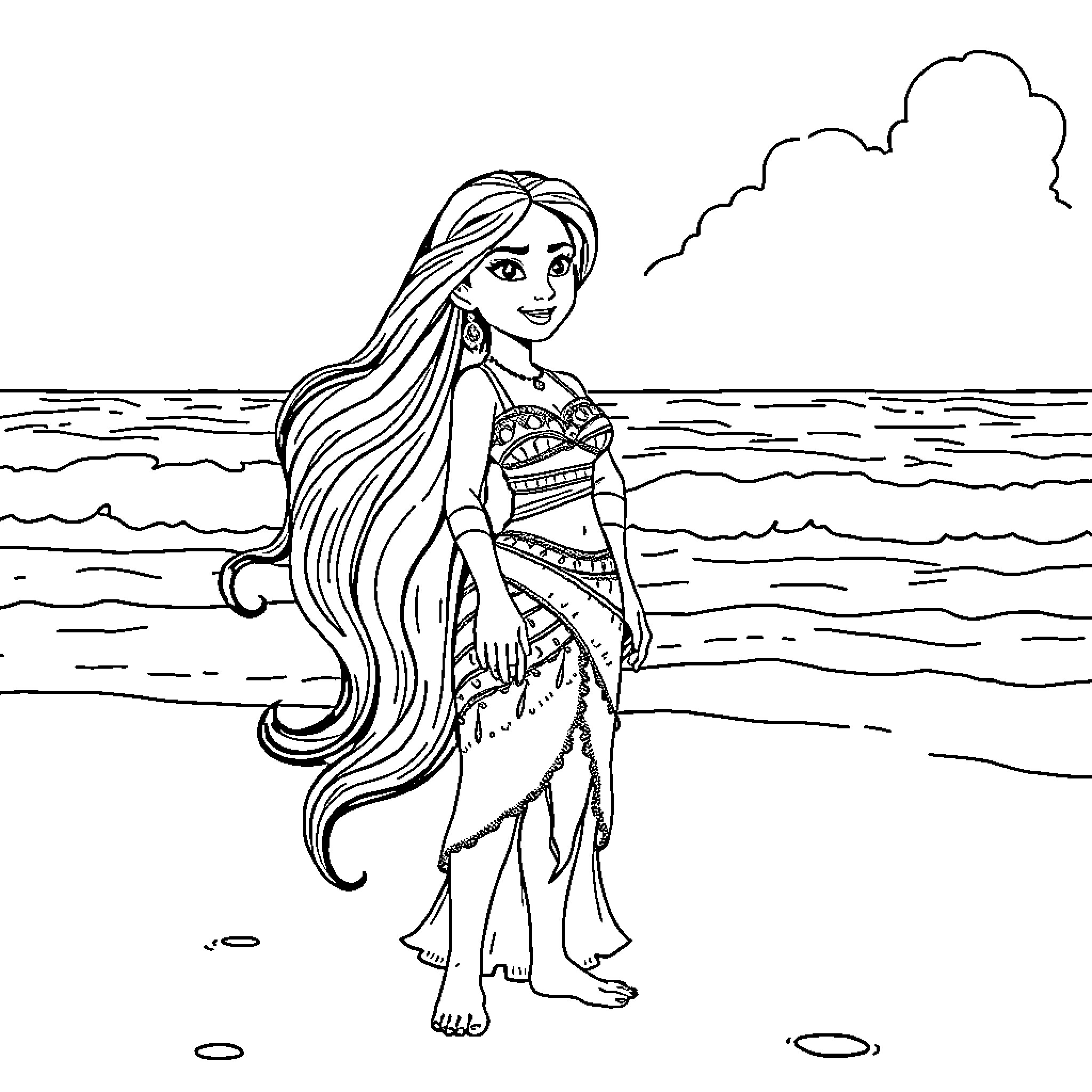 Vaiana strolling by the ocean in traditional outfit Coloring Page (free black-and-white line drawing printable PDF for all, from beginners to advanced learners, including children, teens, adults, and seniors)