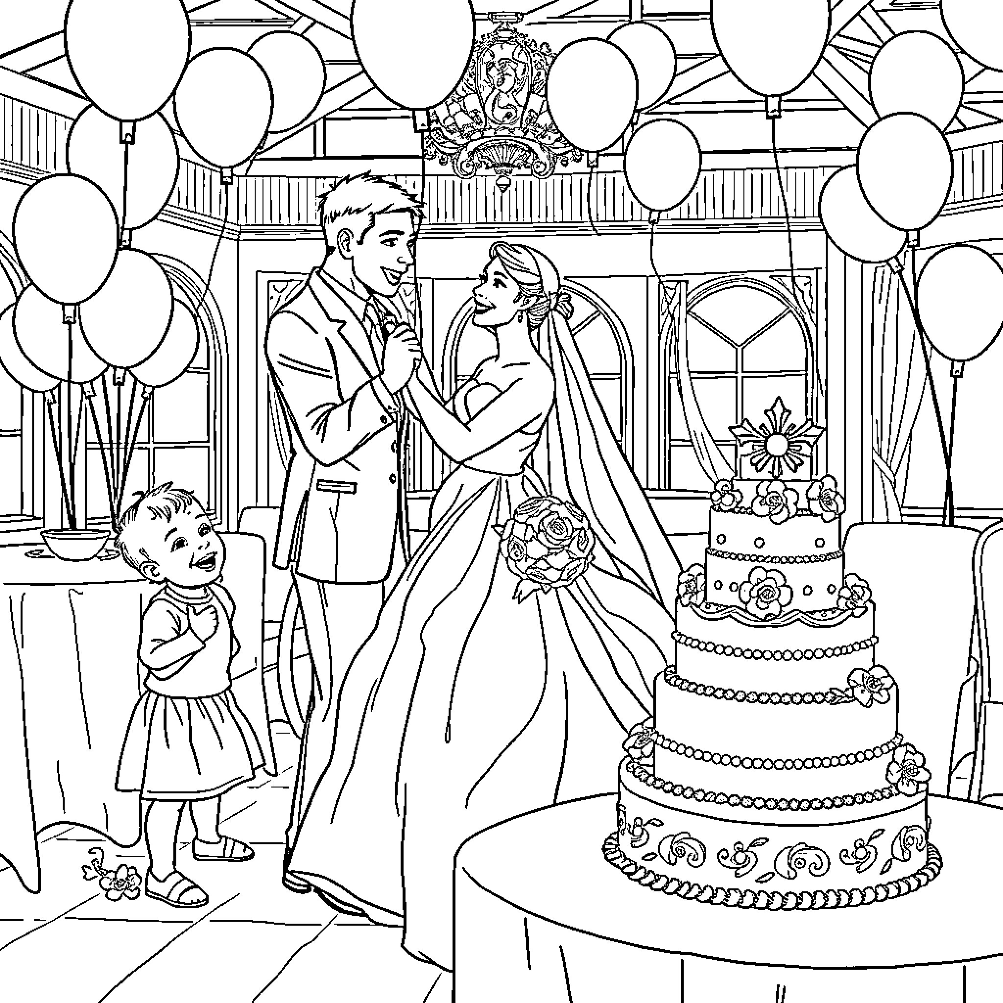 Bride and Groom Celebrating Their Special Day Coloring Page (free black-and-white line drawing printable PDF for all, from beginners to advanced learners, including children, teens, adults, and seniors)