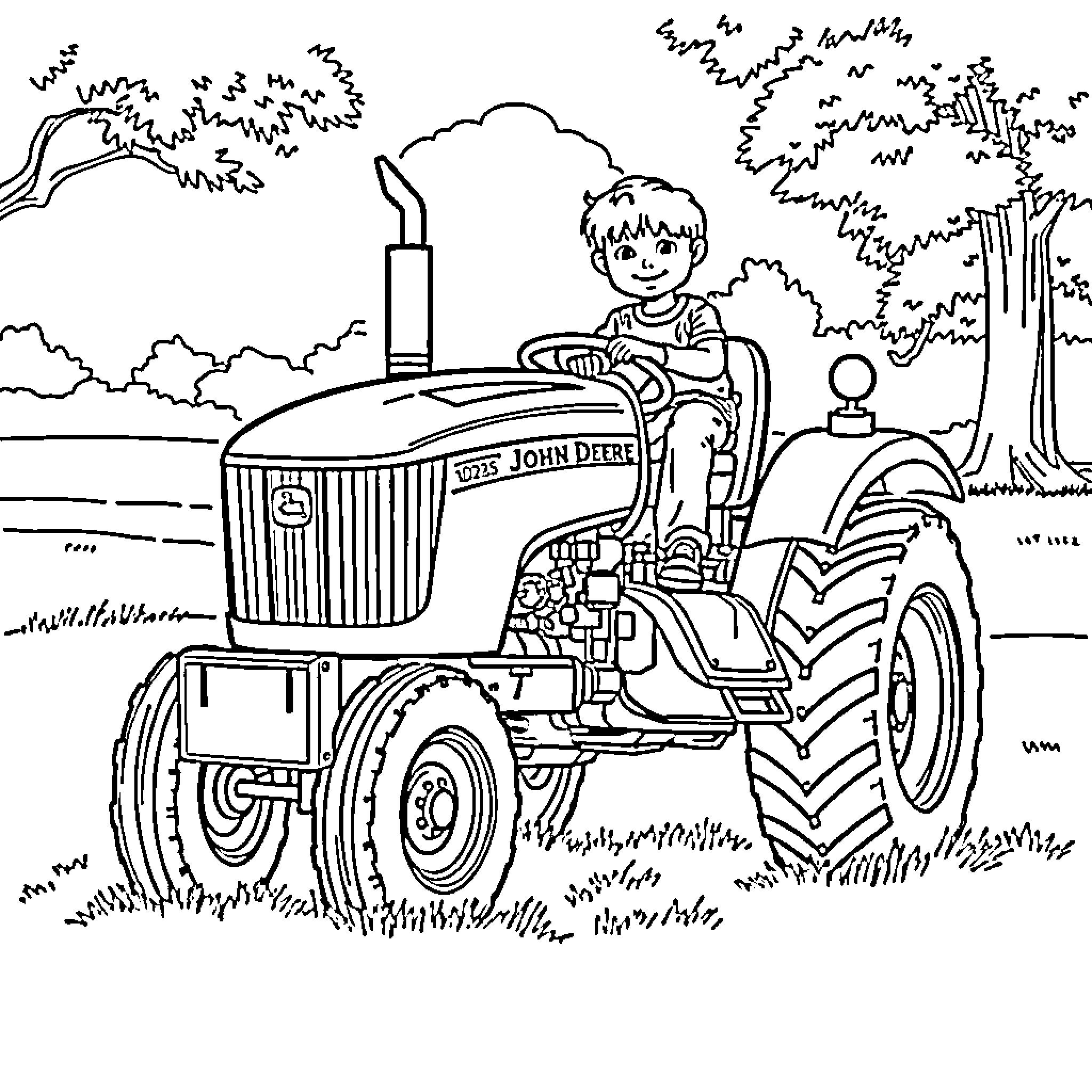 Child riding a tractor in the countryside Coloring Page (free black-and-white line drawing printable PDF for all, from beginners to advanced learners, including children, teens, adults, and seniors)