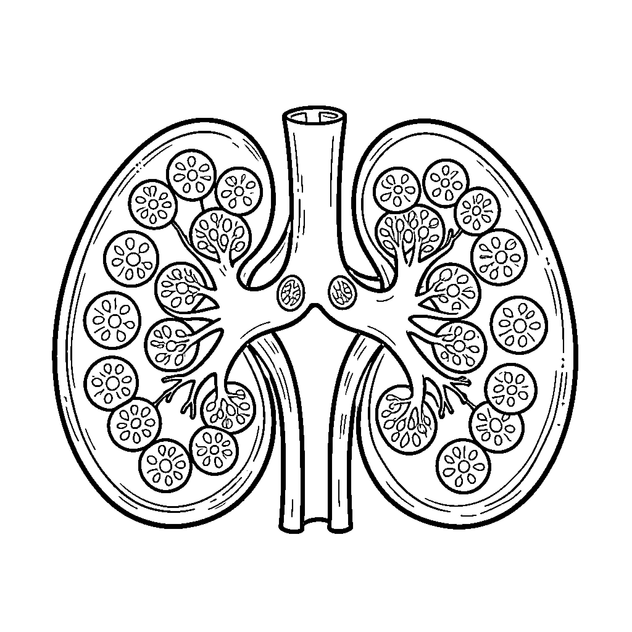 Kidney cross-section diagram Coloring Page (free black-and-white line drawing printable PDF for all, from beginners to advanced learners, including children, teens, adults, and seniors)