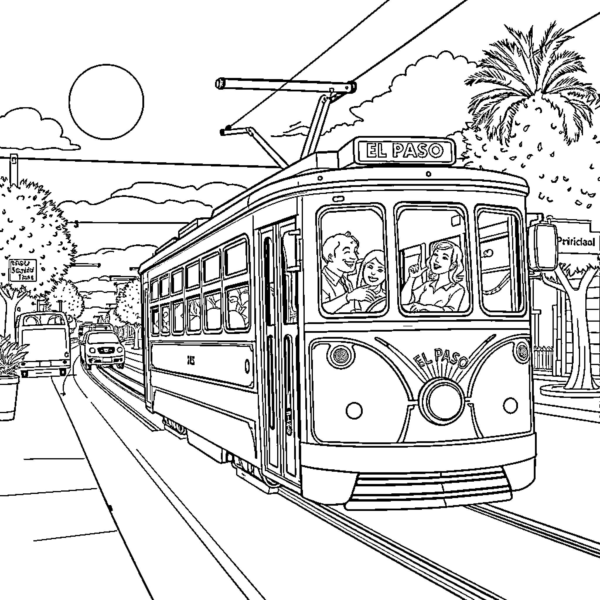 Streetcar transporting passengers through cityscape Coloring Page (free black-and-white line drawing printable PDF for all, from beginners to advanced learners, including children, teens, adults, and seniors)