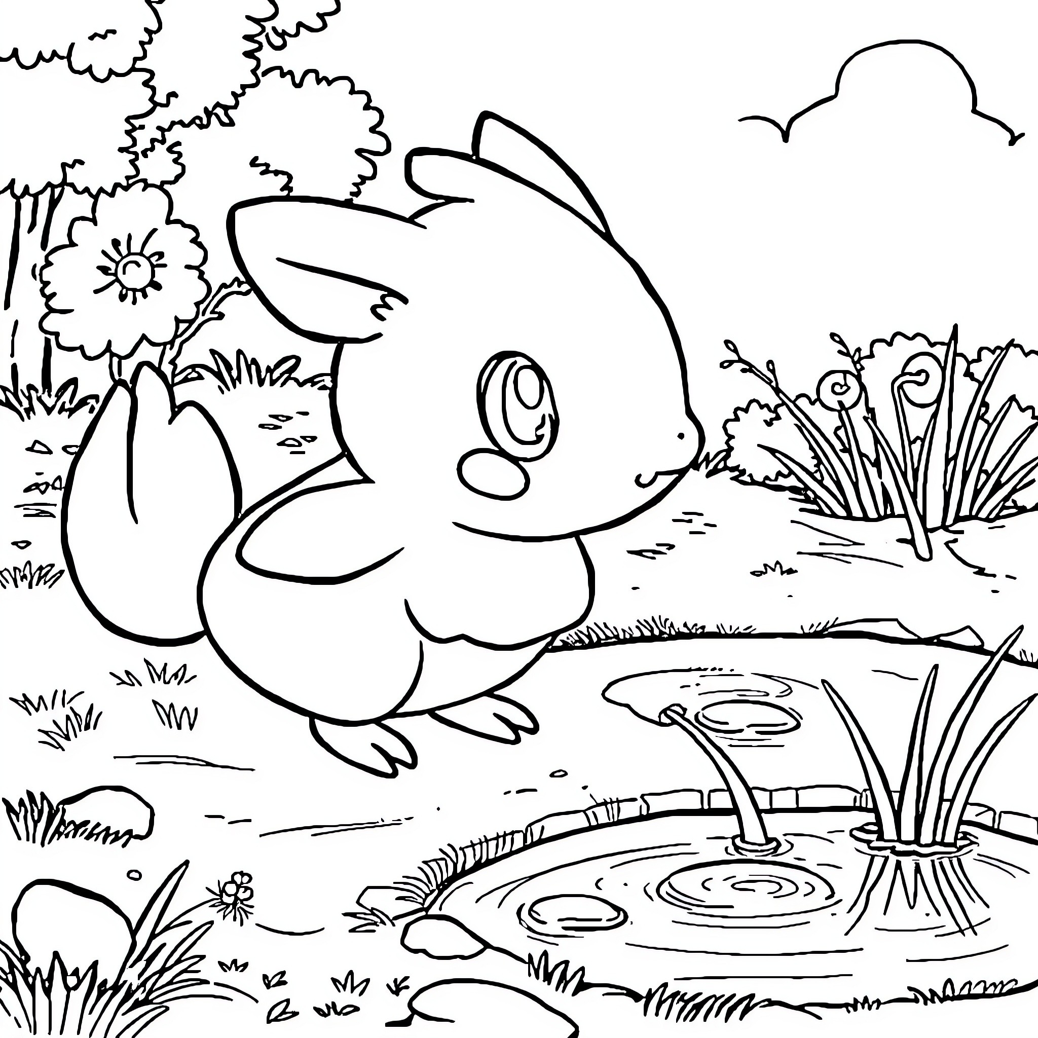 Mudkip explores a nature scene happily Coloring Page (free black-and-white line drawing printable PDF for all, from beginners to advanced learners, including children, teens, adults, and seniors)