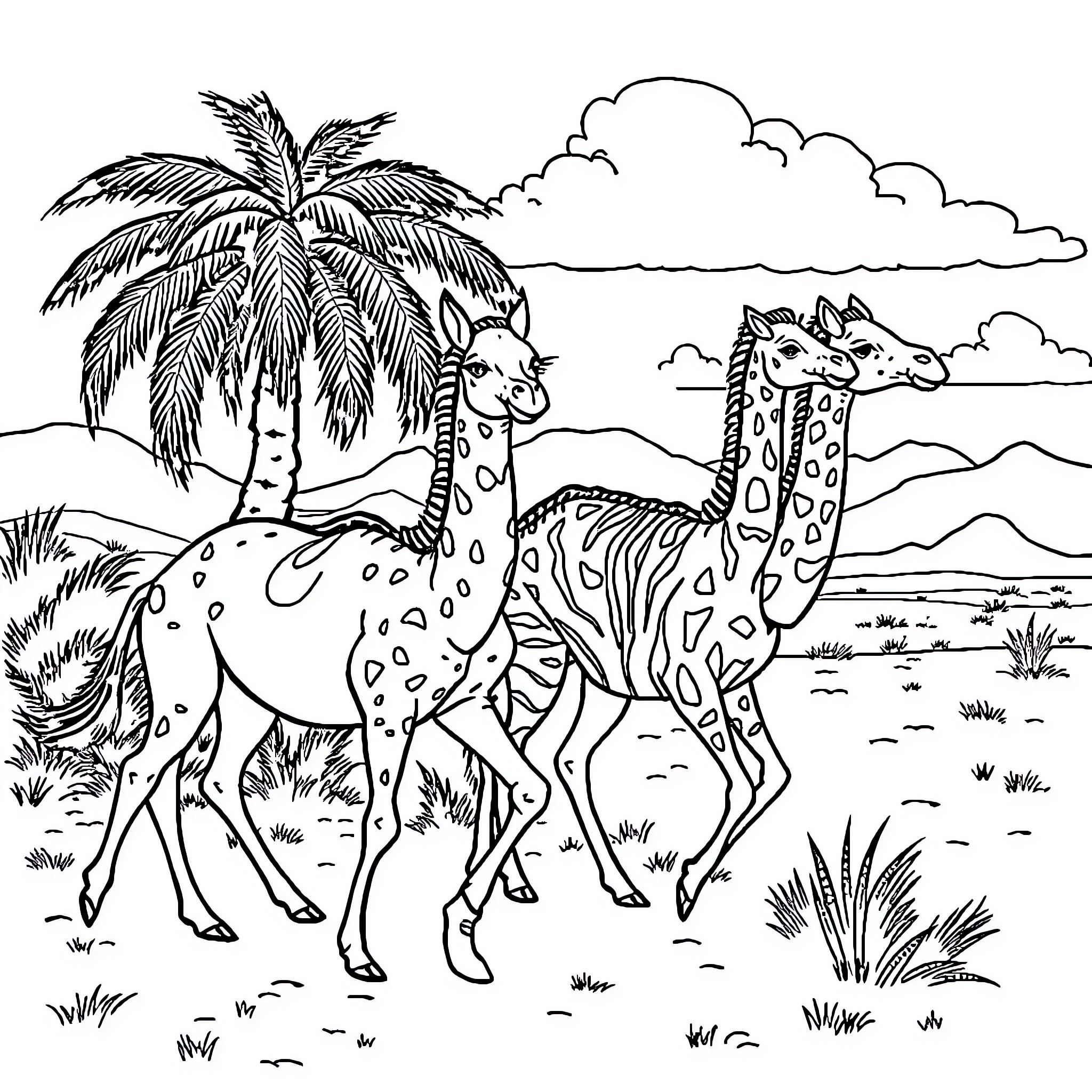 Giraffes walking in savanna landscape Coloring Page (free black-and-white line drawing printable PDF for all, from beginners to advanced learners, including children, teens, adults, and seniors)