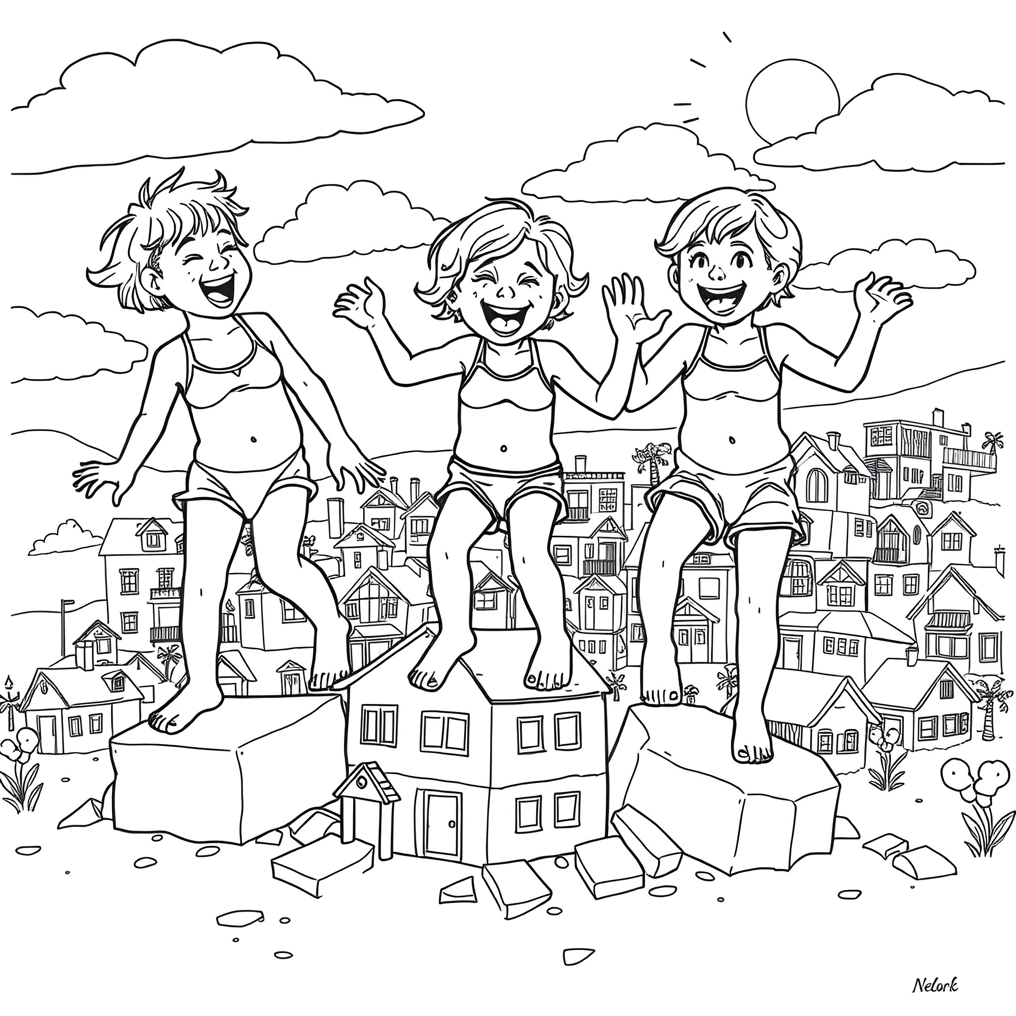 Kid Trio Playing Joyfully in Cityscapes Coloring Page (free black-and-white line drawing printable PDF for all, from beginners to advanced learners, including children, teens, adults, and seniors)