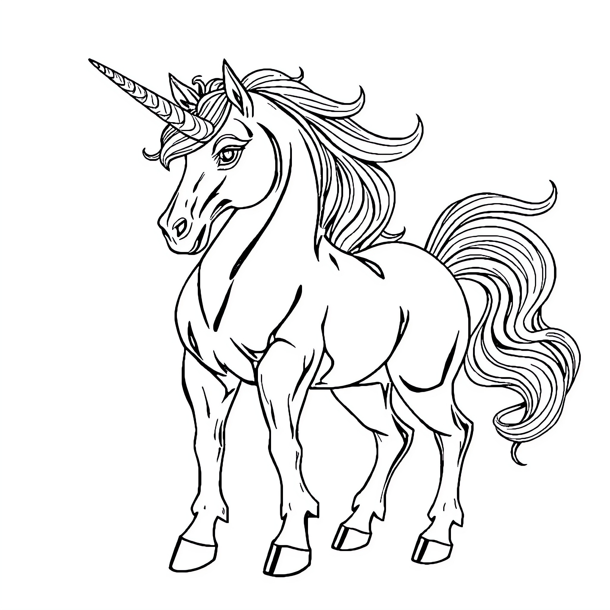 Unicorn with magnificent flowing mane and horn Coloring Page (free black-and-white line drawing printable PDF for all, from beginners to advanced learners, including children, teens, adults, and seniors)