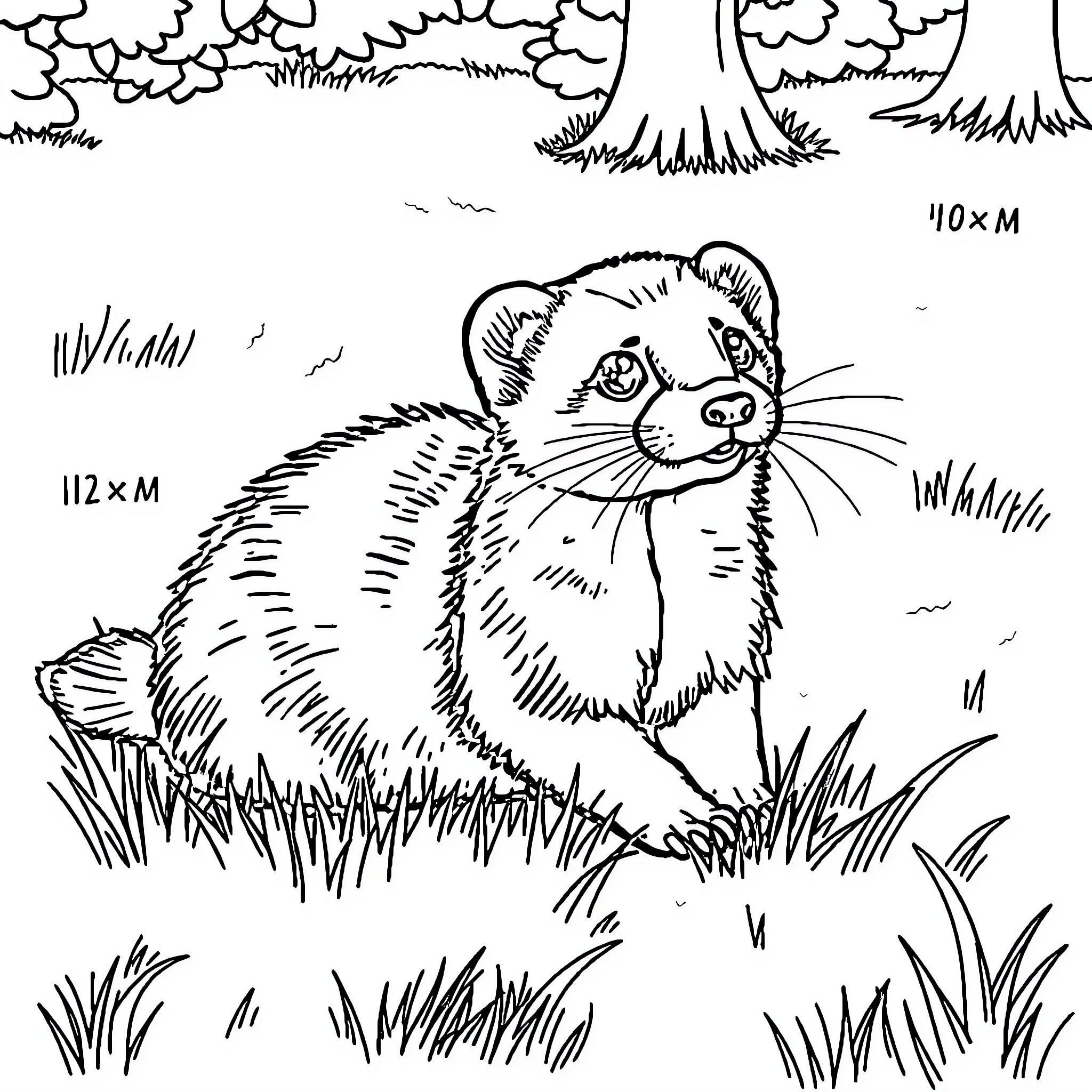 Ferret exploring the natural outdoors Coloring Page (free black-and-white line drawing printable PDF for all, from beginners to advanced learners, including children, teens, adults, and seniors)