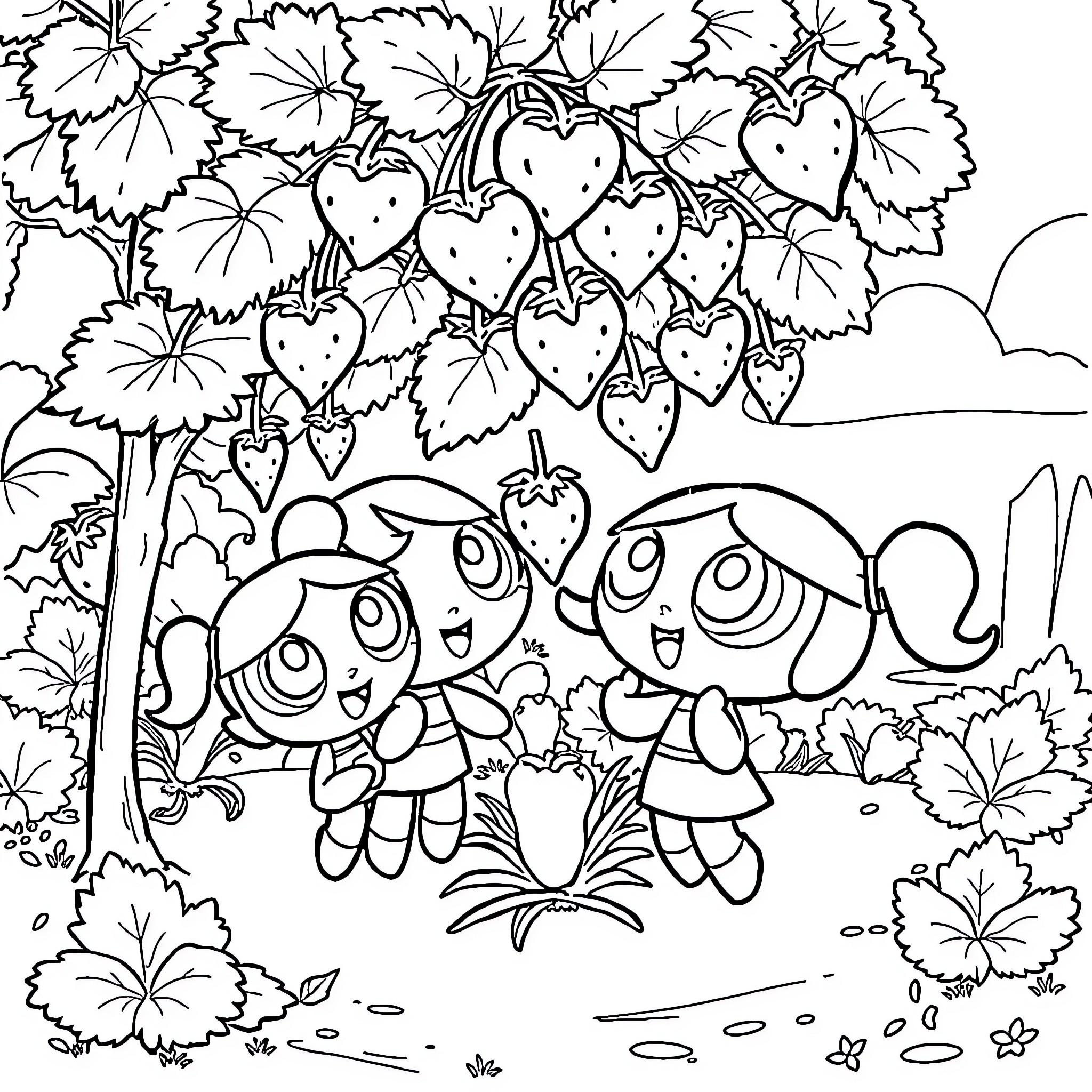 Powerpuff Girls playing in a floral field Coloring Page (free black-and-white line drawing printable PDF for all, from beginners to advanced learners, including children, teens, adults, and seniors)