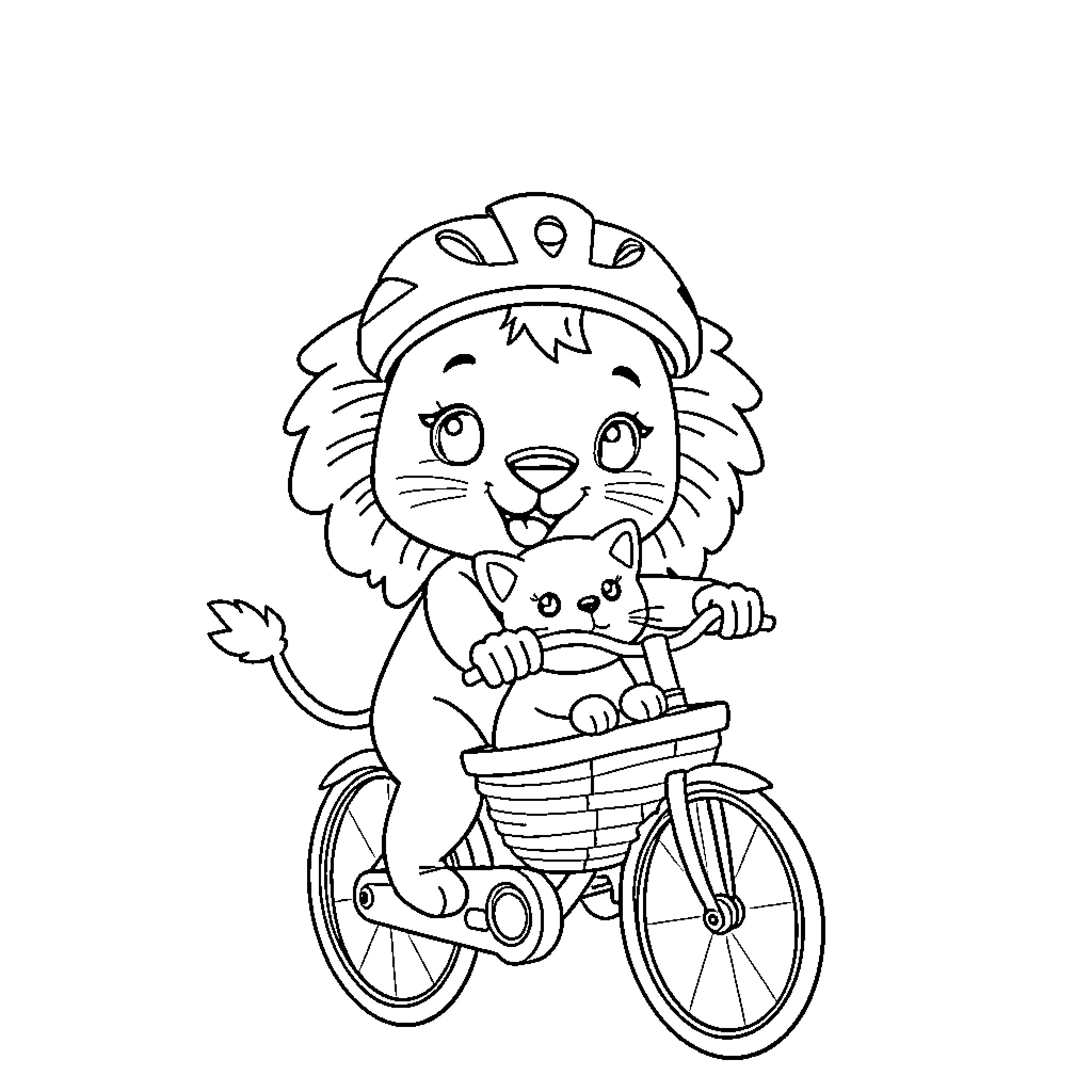 Lion riding bicycle with cat in basket Coloring Page (free black-and-white line drawing printable PDF for all, from beginners to advanced learners, including children, teens, adults, and seniors)