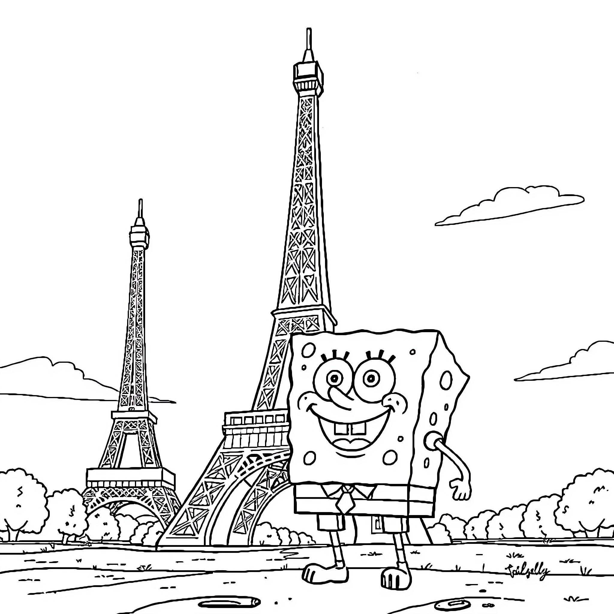 Spongebob enjoys the sights of Paris Coloring Page (free black-and-white line drawing printable PDF for all, from beginners to advanced learners, including children, teens, adults, and seniors)