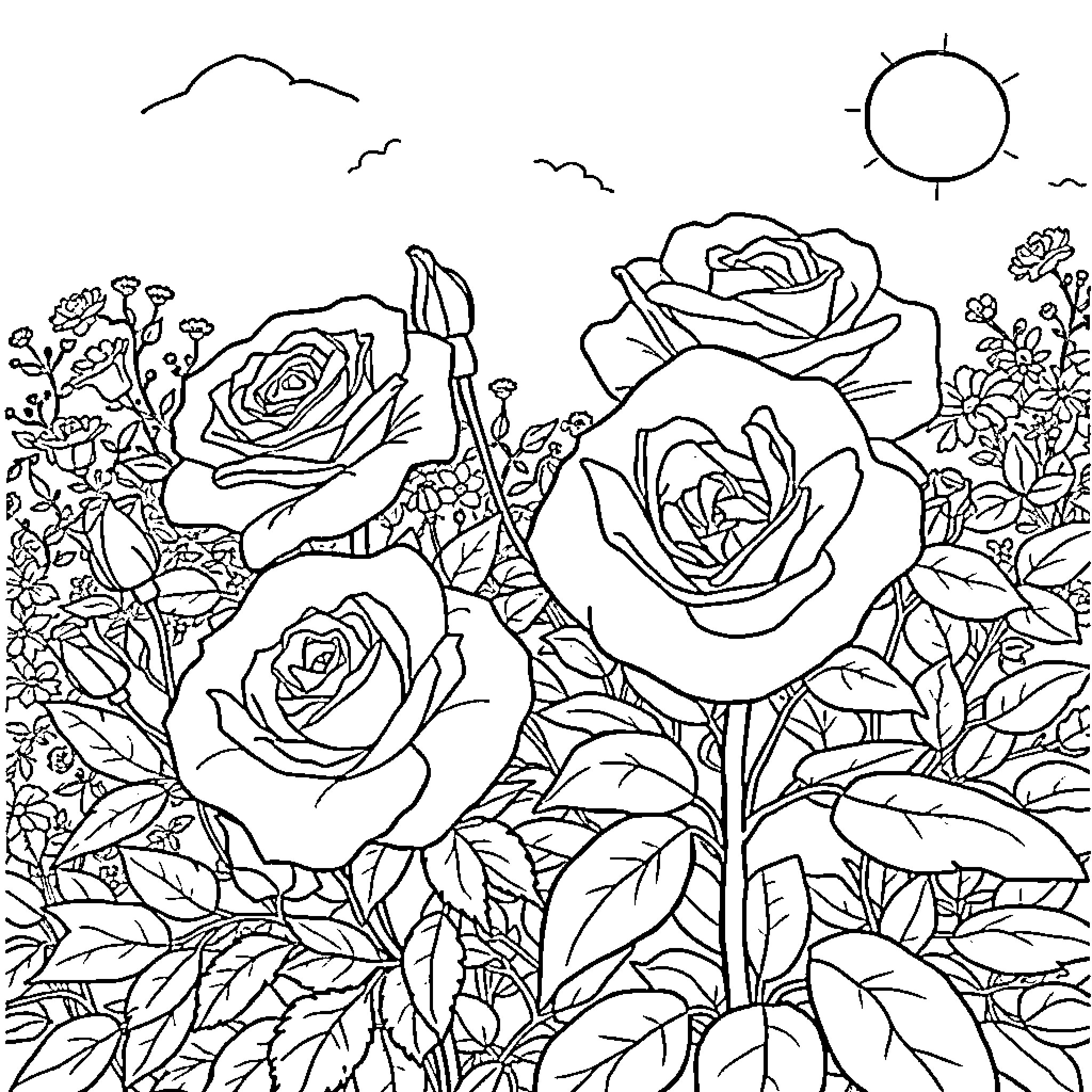 Rose Garden Blossoms in the Sunlight Coloring Page (free black-and-white line drawing printable PDF for all, from beginners to advanced learners, including children, teens, adults, and seniors)