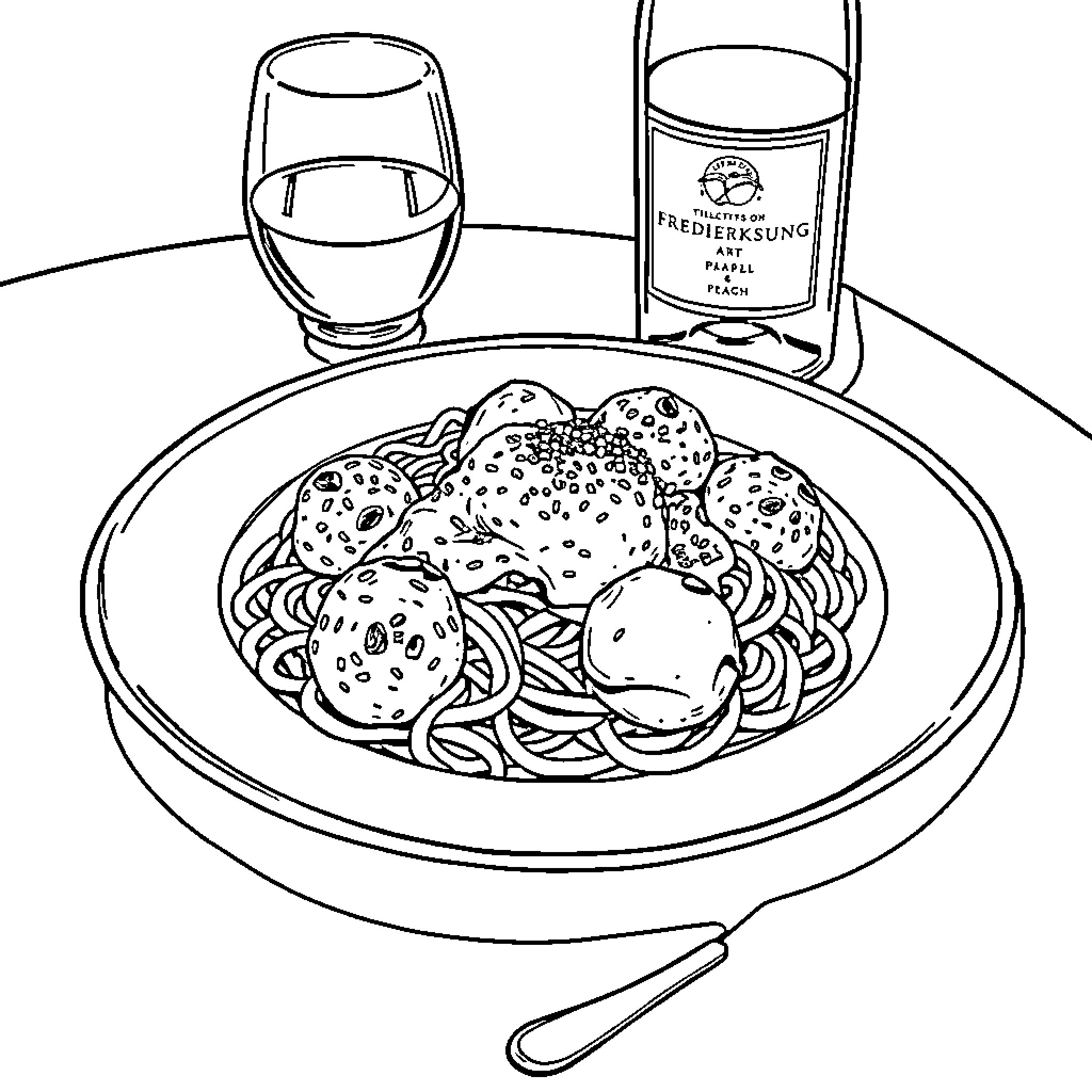 Peach Spaghetti Dinner with Wine Coloring Page (free black-and-white line drawing printable PDF for all, from beginners to advanced learners, including children, teens, adults, and seniors)