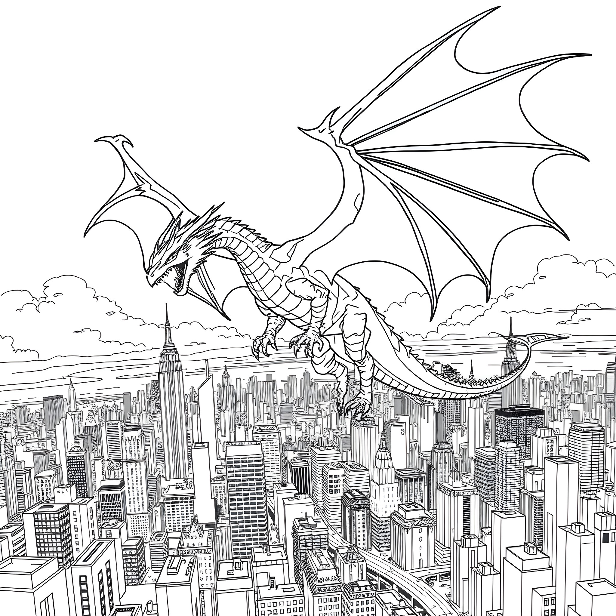 Dragon Soaring Above Magnificent City Skyline Coloring Page (free black-and-white line drawing printable PDF for all, from beginners to advanced learners, including children, teens, adults, and seniors)