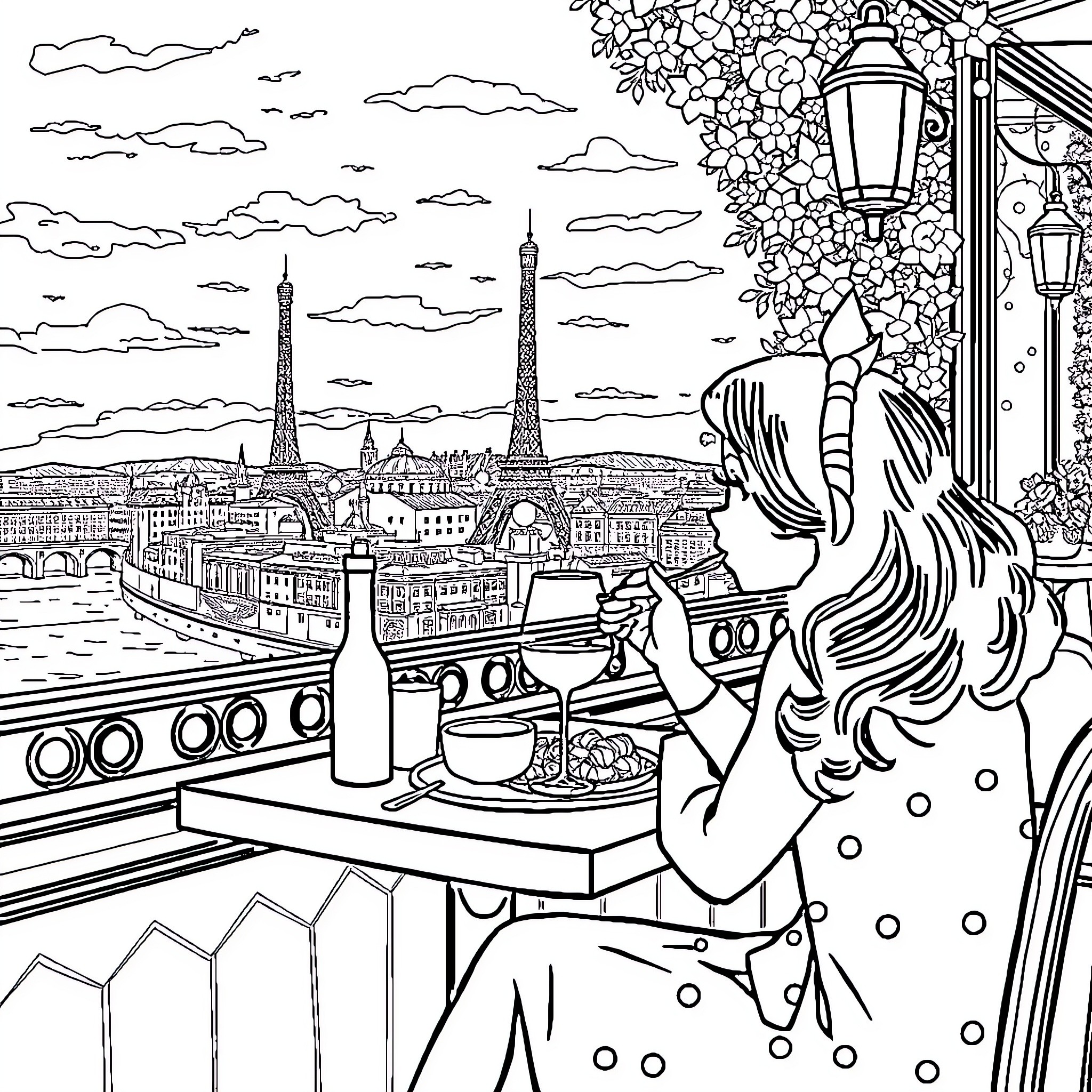 Nezuko enjoying the Parisian scenery on a balcony Coloring Page (free black-and-white line drawing printable PDF for all, from beginners to advanced learners, including children, teens, adults, and seniors)