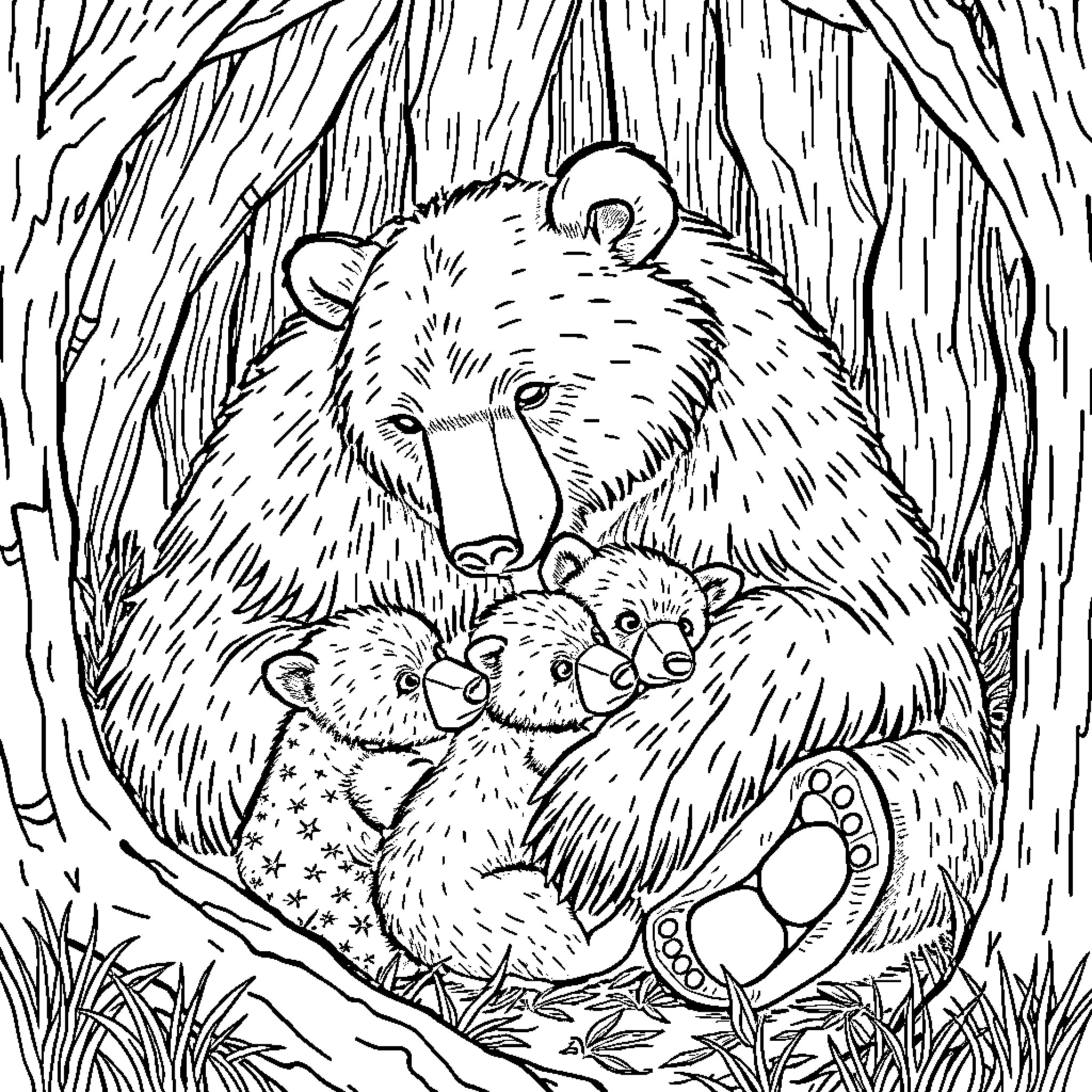 Bear family cuddling in the forest Coloring Page (free black-and-white line drawing printable PDF for all, from beginners to advanced learners, including children, teens, adults, and seniors)