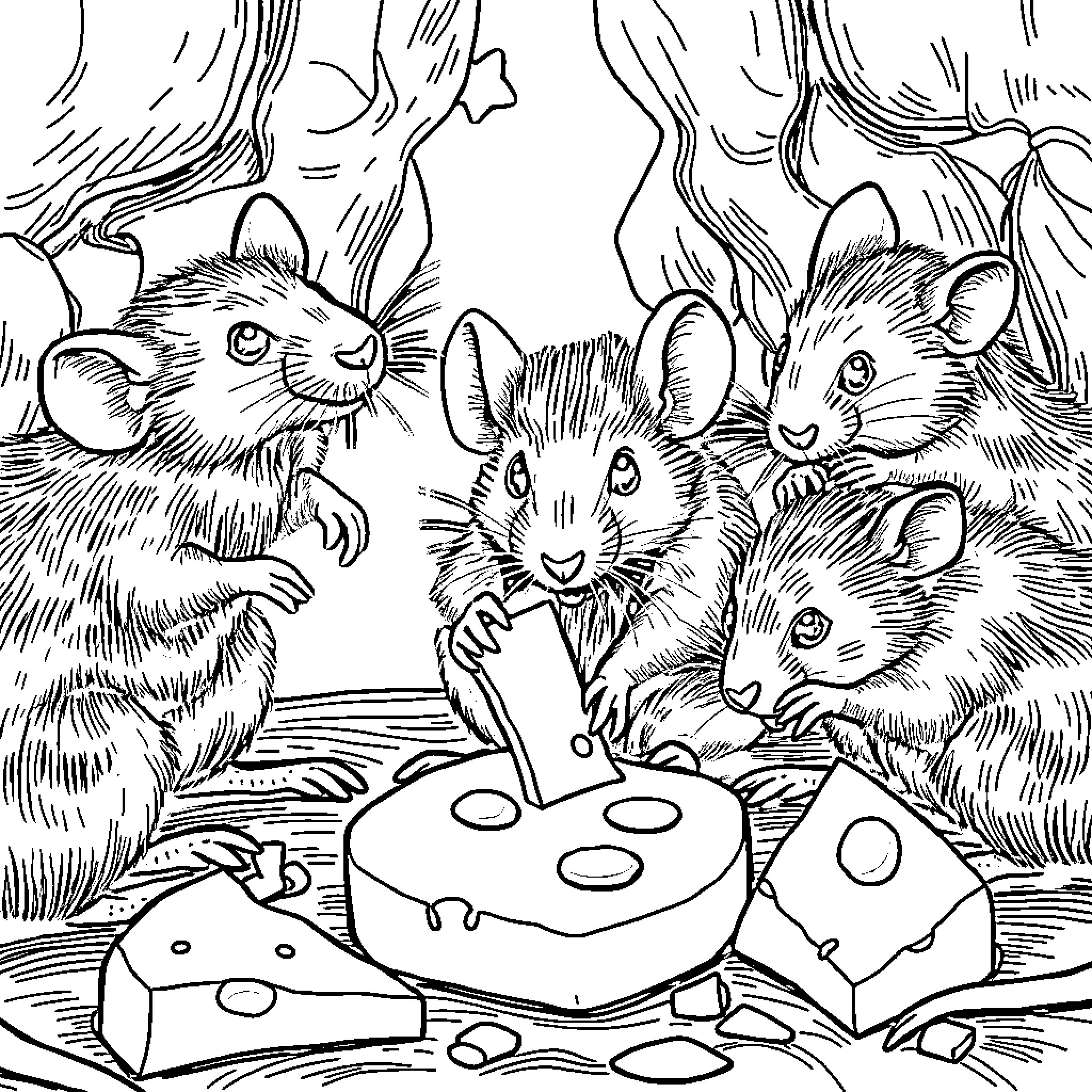 Rat family sharing a tasty meal in the forest Coloring Page (free black-and-white line drawing printable PDF for all, from beginners to advanced learners, including children, teens, adults, and seniors)