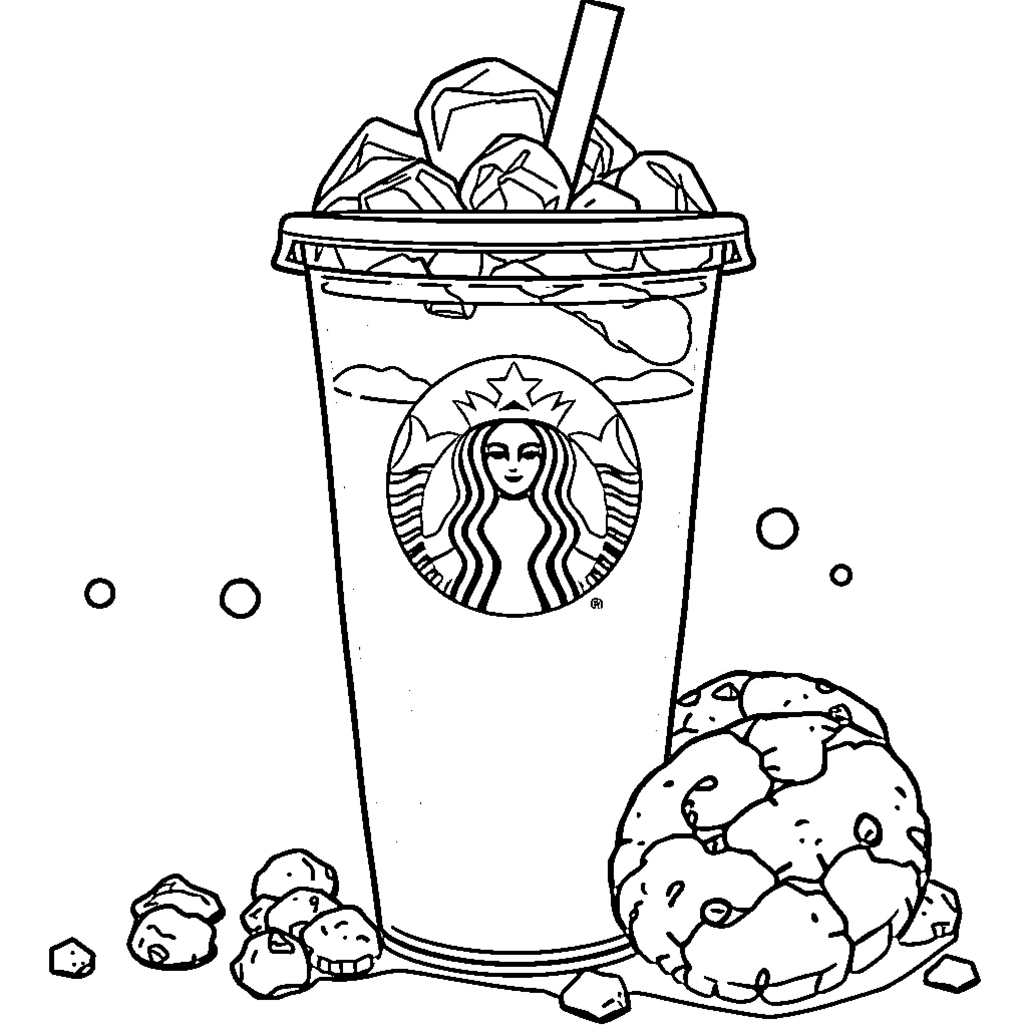 Drink with Whipped Cream and Cookies Coloring Page (free black-and-white line drawing printable PDF for all, from beginners to advanced learners, including children, teens, adults, and seniors)