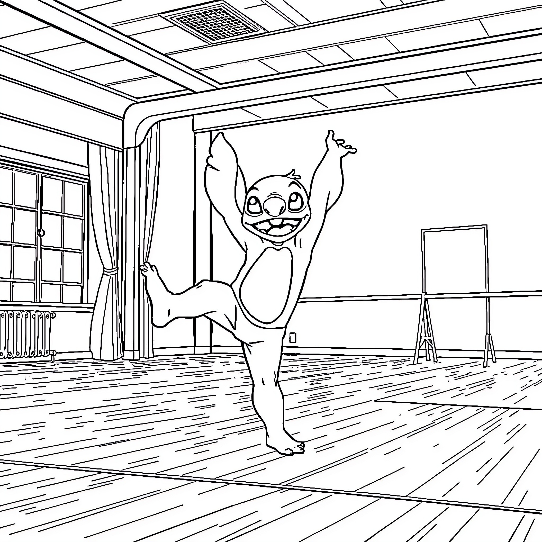 Stitch performing a dance move in a gymnasium Coloring Page (free black-and-white line drawing printable PDF for all, from beginners to advanced learners, including children, teens, adults, and seniors)