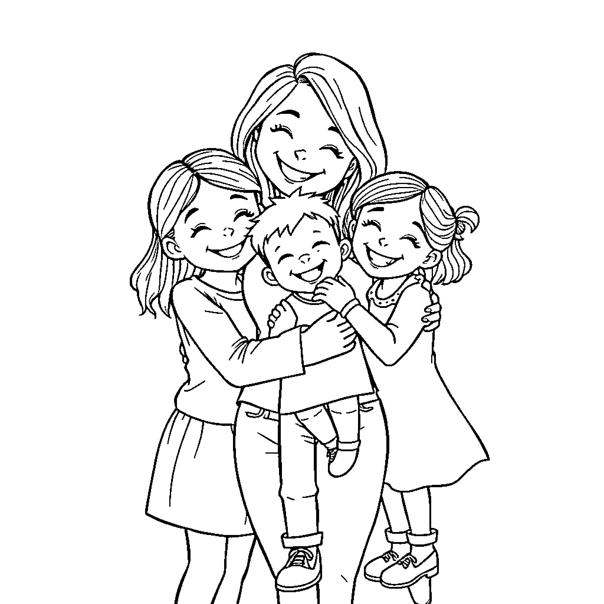 Family Embracing Affectionately in Joyful Moment Coloring Page (free black-and-white line drawing printable PDF for all, from beginners to advanced learners, including children, teens, adults, and seniors)