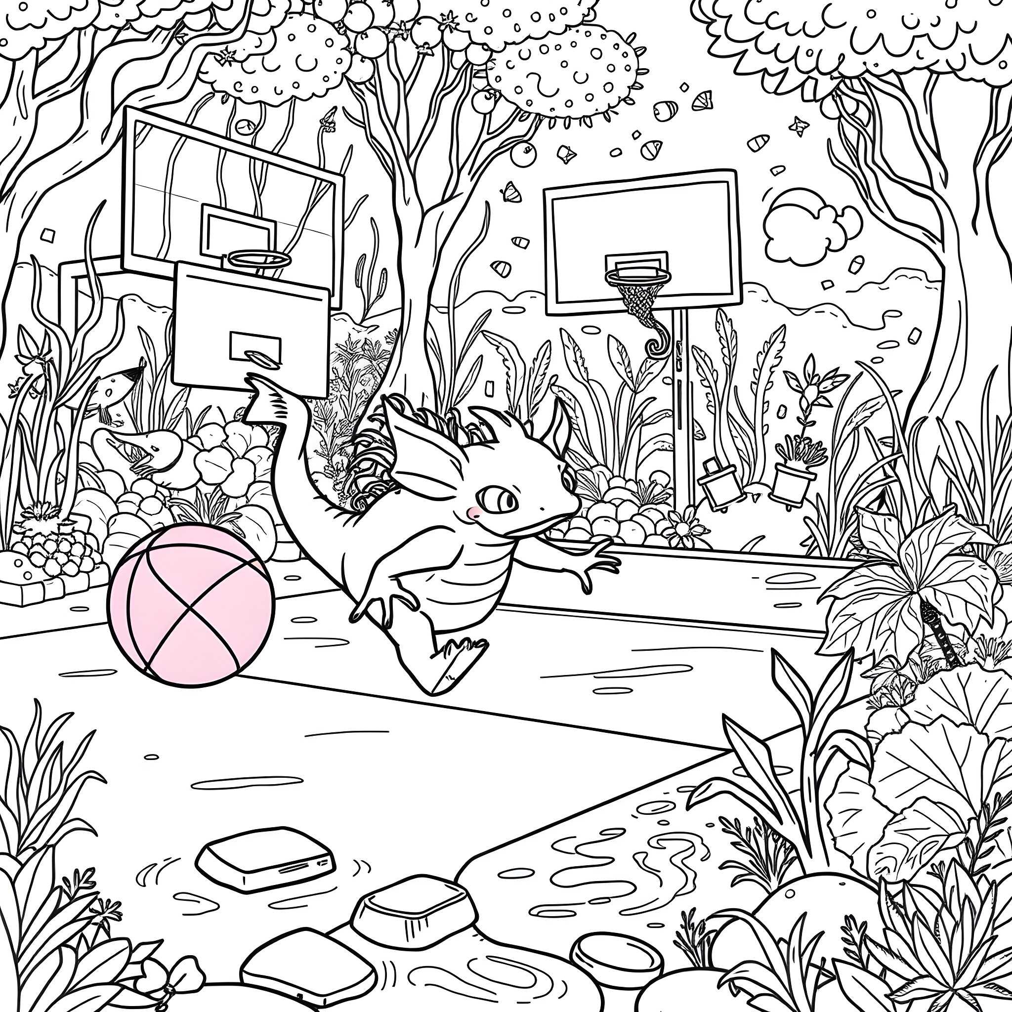 Axolotl playing in enchanted forest playground Coloring Page (free black-and-white line drawing printable PDF for all, from beginners to advanced learners, including children, teens, adults, and seniors)