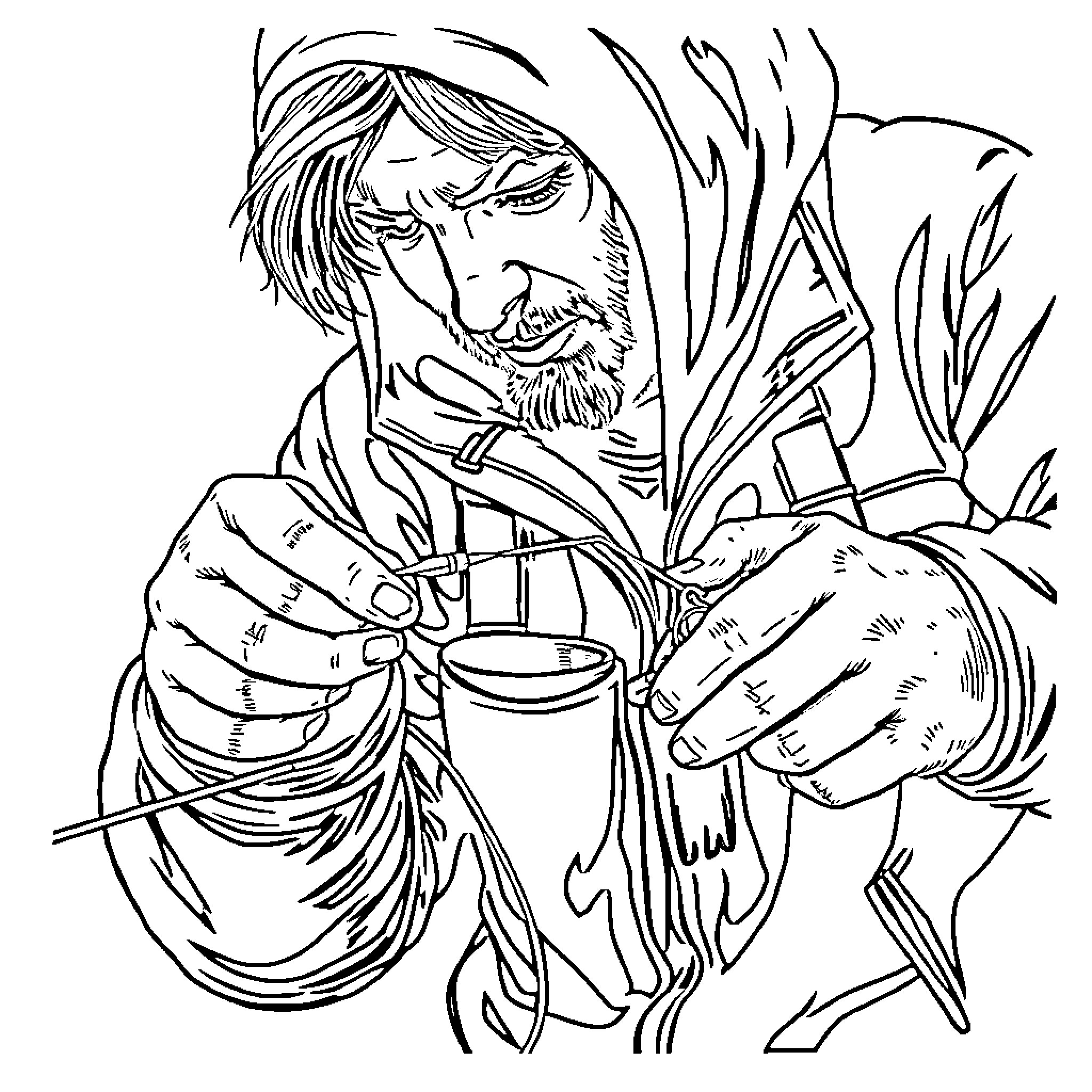 Eren Yeager in intense concentration Coloring Page (free black-and-white line drawing printable PDF for all, from beginners to advanced learners, including children, teens, adults, and seniors)