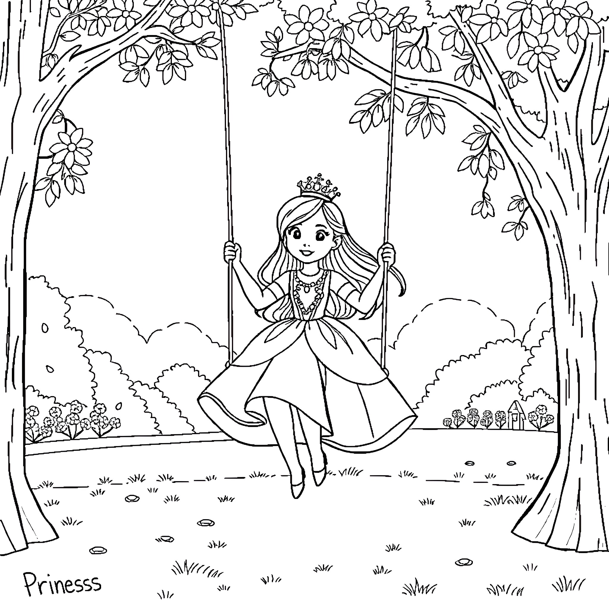 Princess swinging in the enchanted forest Coloring Page (free black-and-white line drawing printable PDF for all, from beginners to advanced learners, including children, teens, adults, and seniors)