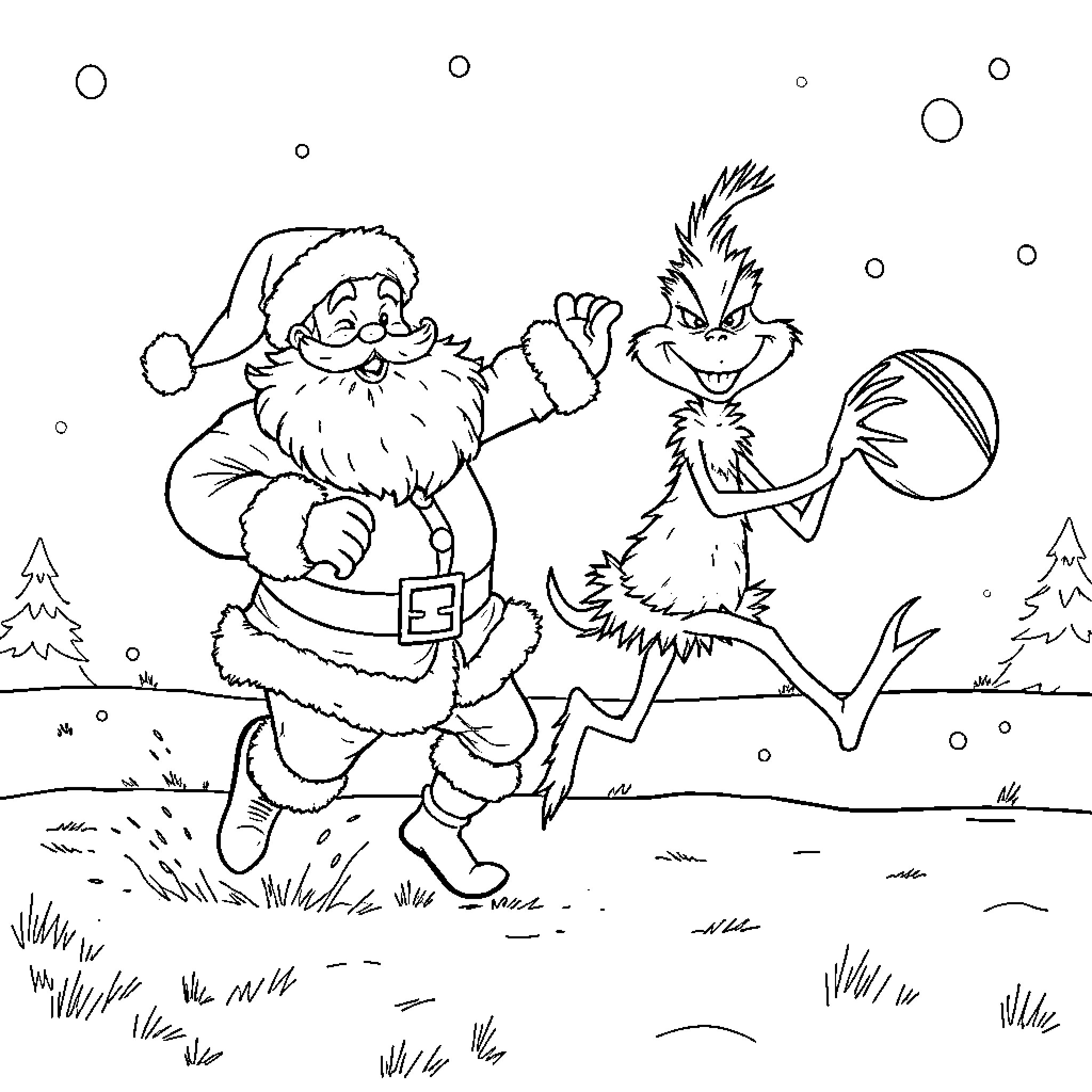 Santa Claus playing joyfully with Grinch in the snow Coloring Page (free black-and-white line drawing printable PDF for all, from beginners to advanced learners, including children, teens, adults, and seniors)
