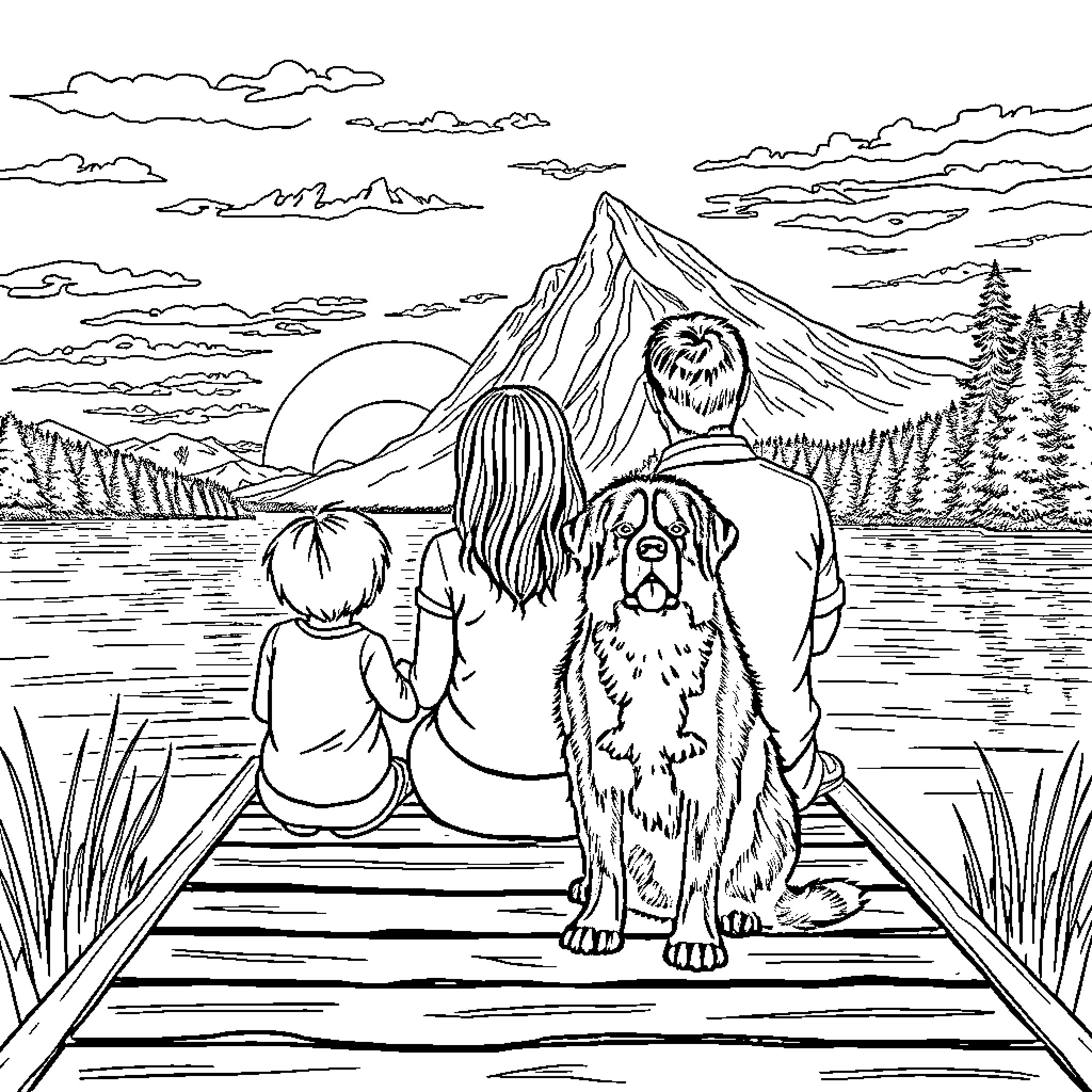 Bernese Mountain Dog and family enjoying scenic nature Coloring Page (free black-and-white line drawing printable PDF for all, from beginners to advanced learners, including children, teens, adults, and seniors)
