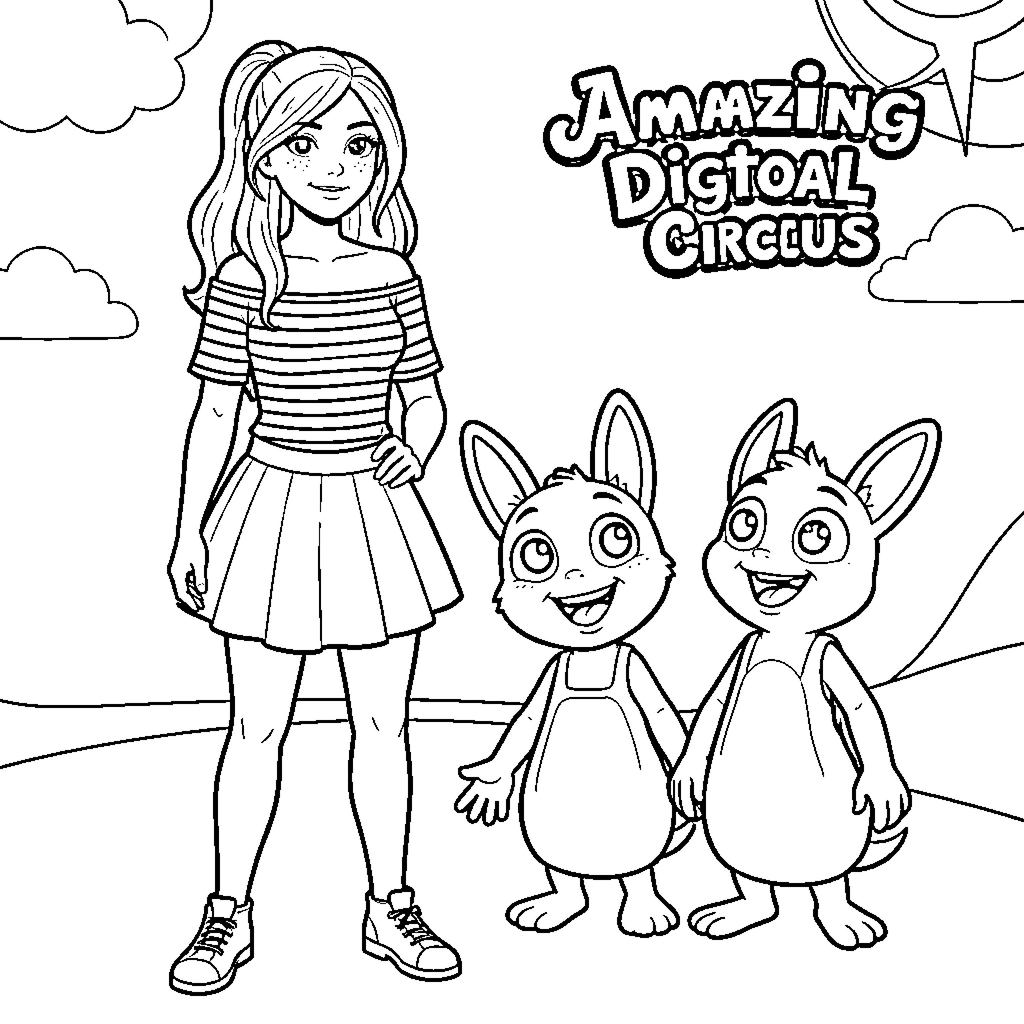 Jax smiling alongside two small cute characters Coloring Page (free black-and-white line drawing printable PDF for all, from beginners to advanced learners, including children, teens, adults, and seniors)