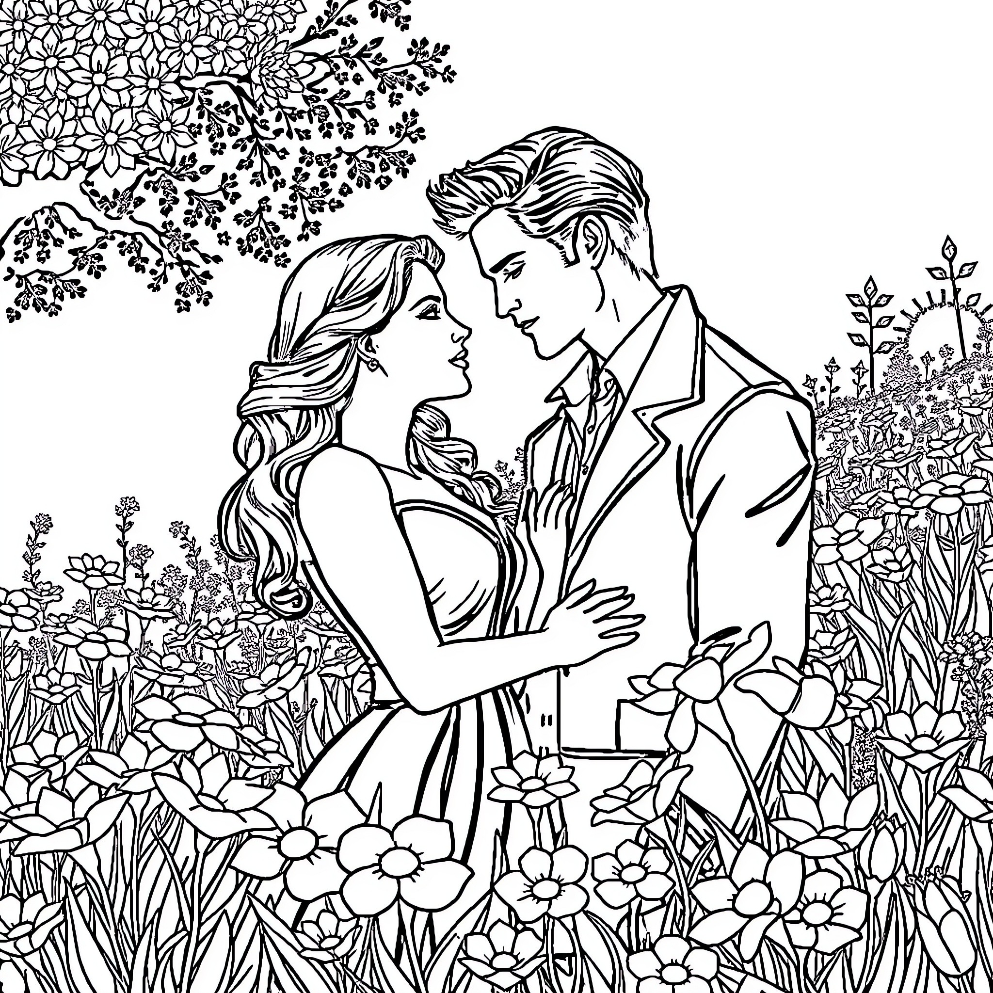 Bella and Edward's Romantic Embrace in a Floral Garden Coloring Page (free black-and-white line drawing printable PDF for all, from beginners to advanced learners, including children, teens, adults, and seniors)