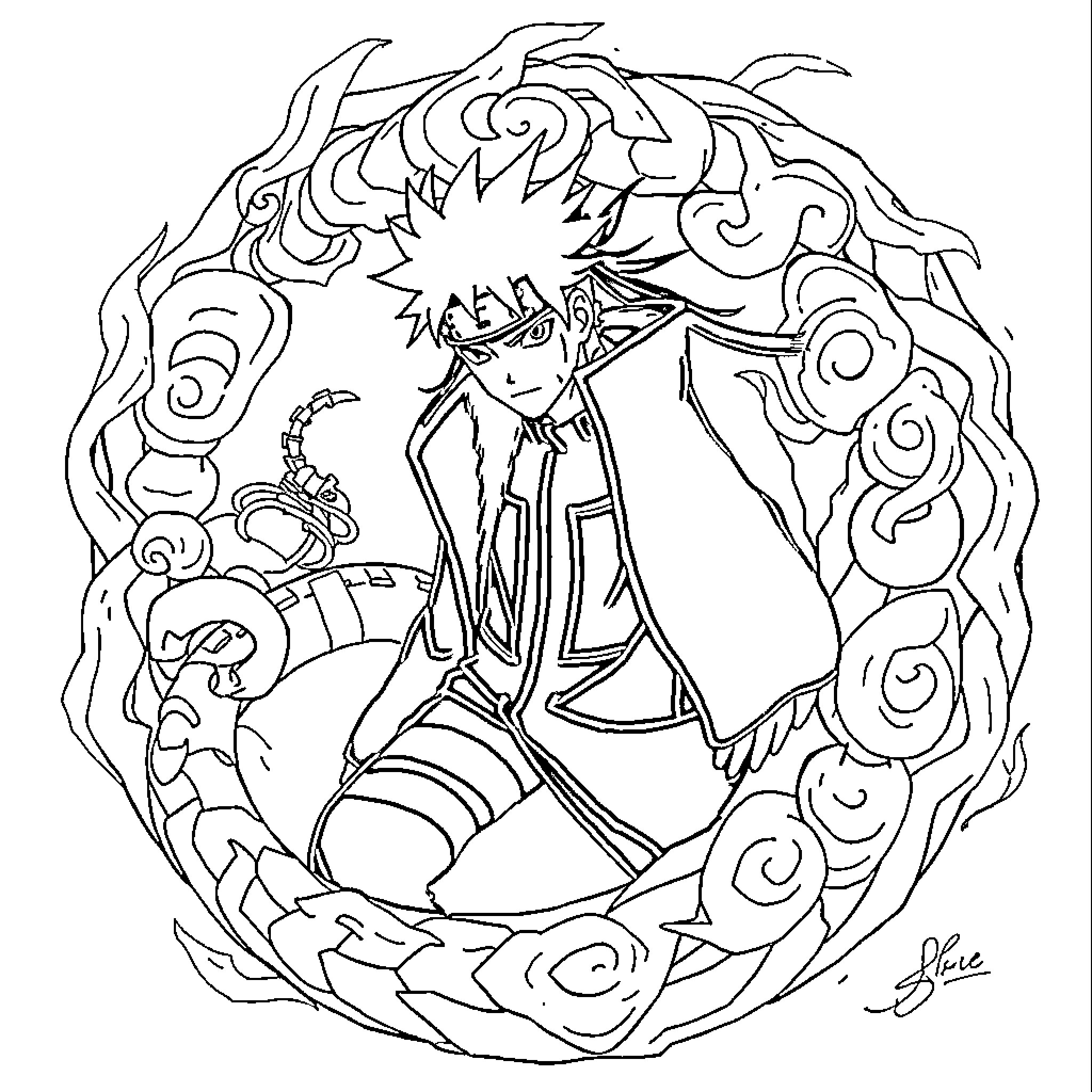 Naruto Unleashing Powerful Ninja Jutsu Coloring Page (free black-and-white line drawing printable PDF for all, from beginners to advanced learners, including children, teens, adults, and seniors)
