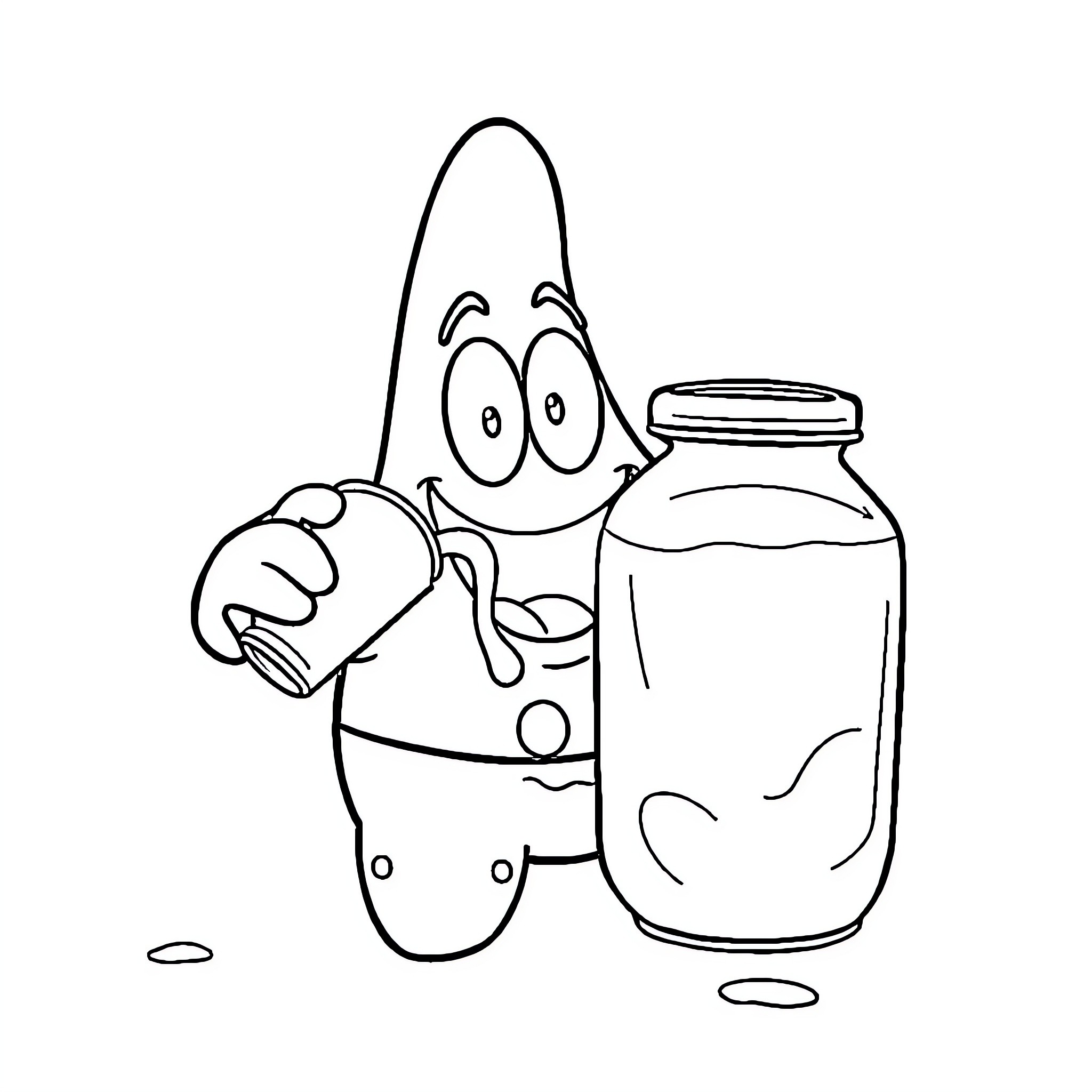 Patrick Star holding a jar Coloring Page (free black-and-white line drawing printable PDF for all, from beginners to advanced learners, including children, teens, adults, and seniors)