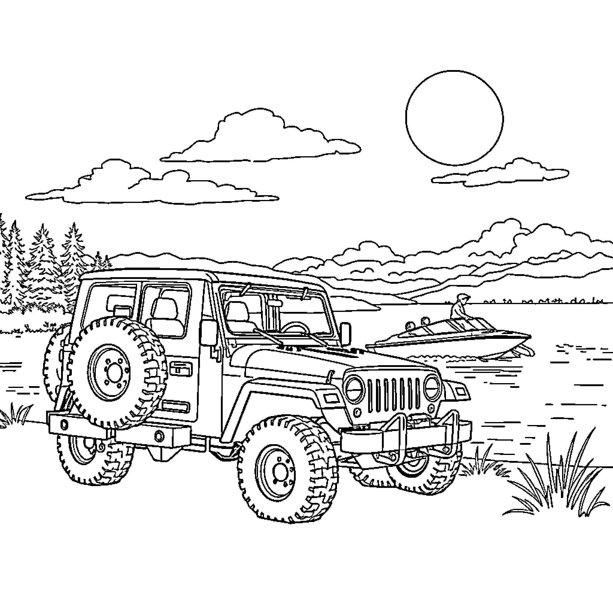 4x4 Jeep Adventure in Scenic Countryside Coloring Page (free black-and-white line drawing printable PDF for all, from beginners to advanced learners, including children, teens, adults, and seniors)