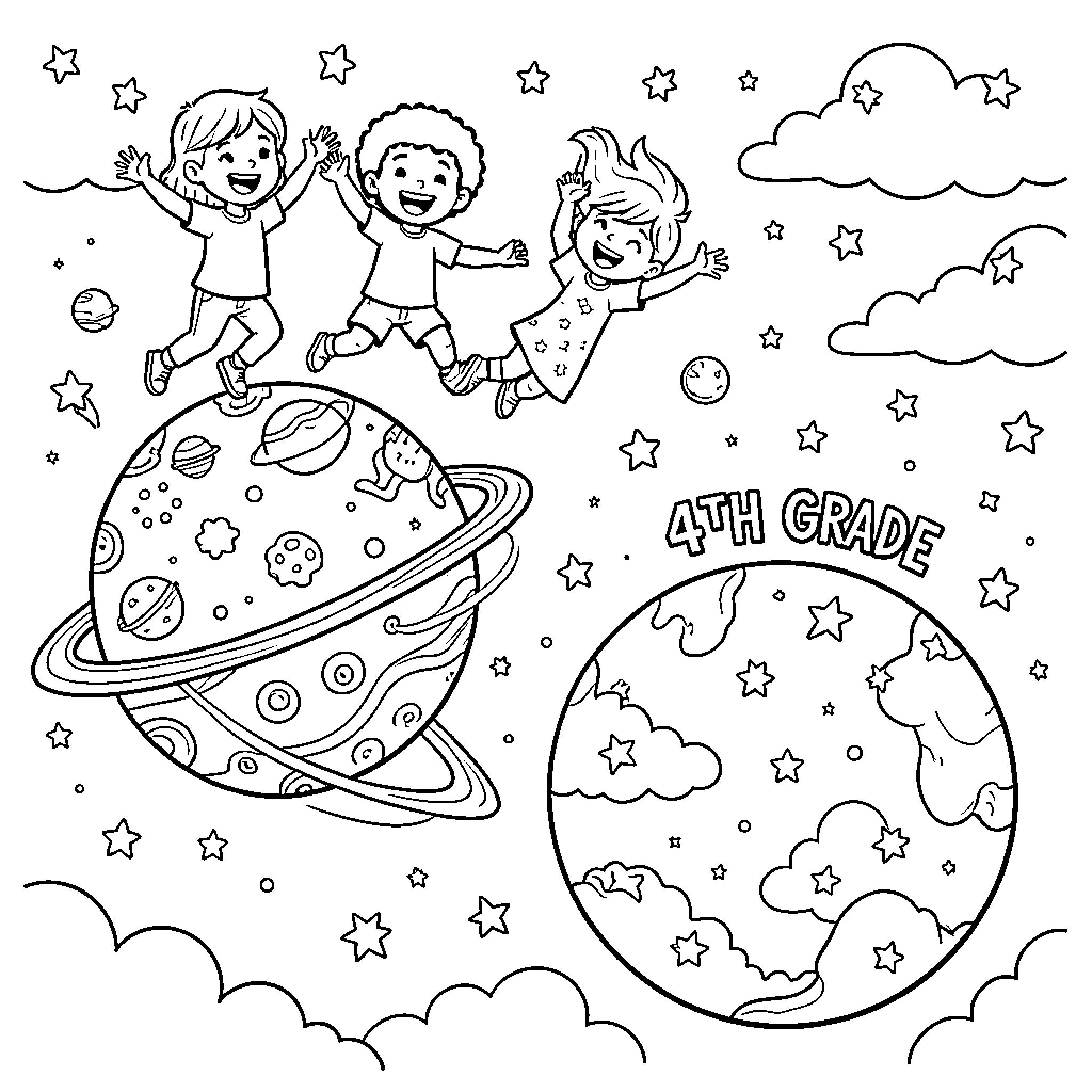 Kids exploring the galaxy in an adventure Coloring Page (free black-and-white line drawing printable PDF for all, from beginners to advanced learners, including children, teens, adults, and seniors)