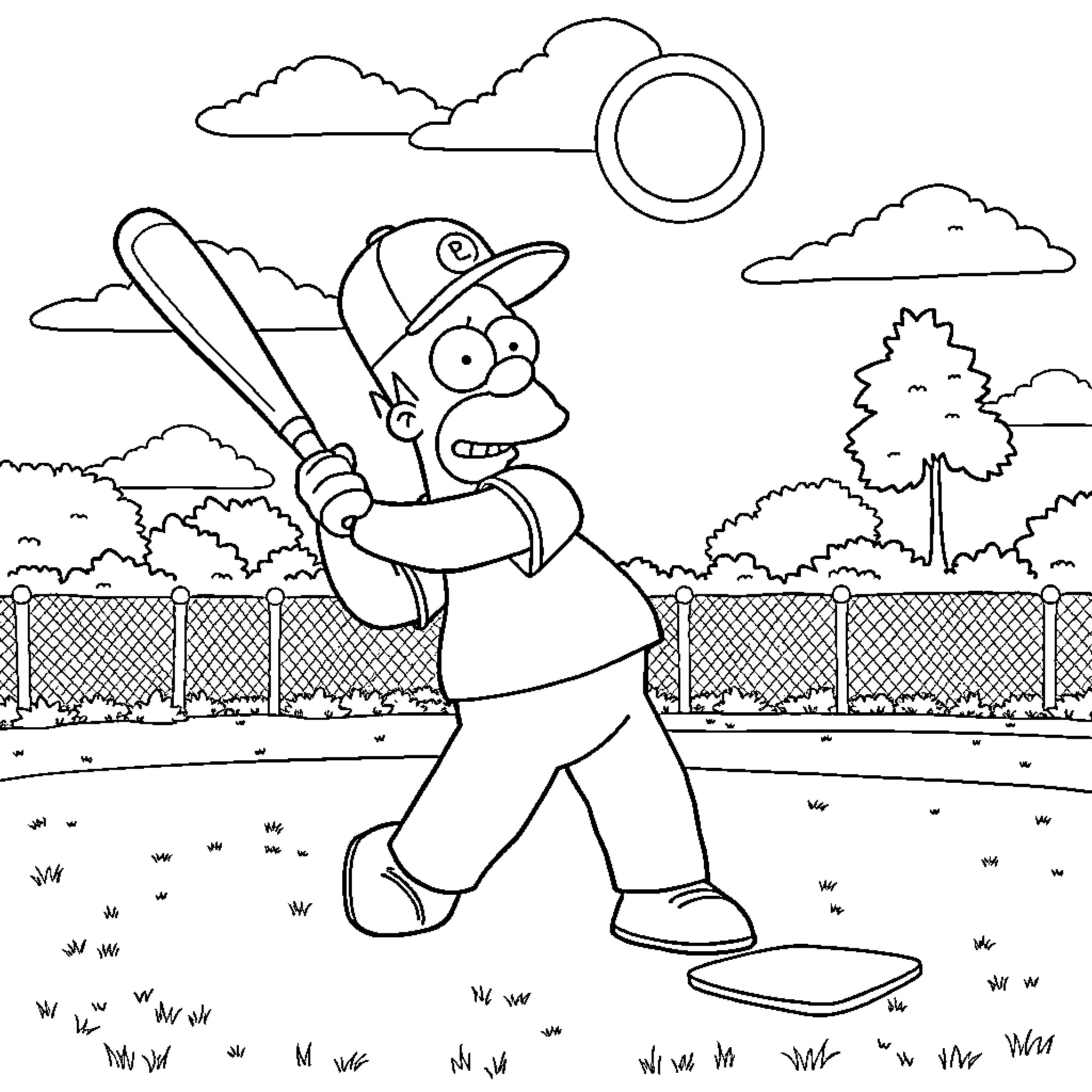 Homer playing baseball in the park Coloring Page (free black-and-white line drawing printable PDF for all, from beginners to advanced learners, including children, teens, adults, and seniors)