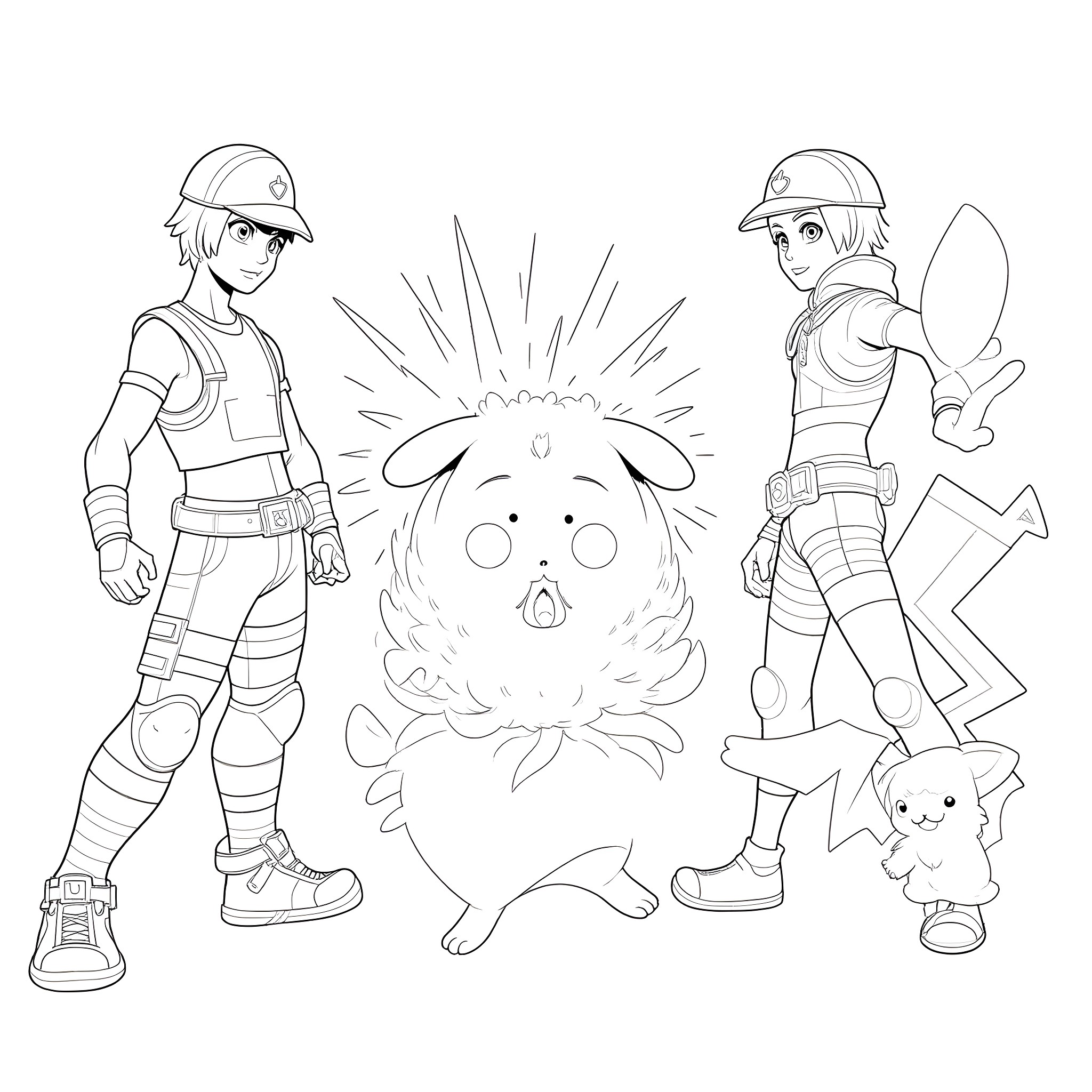 Pokémon trainers and their Pokémon companions in action Coloring Page (free black-and-white line drawing printable PDF for all, from beginners to advanced learners, including children, teens, adults, and seniors)