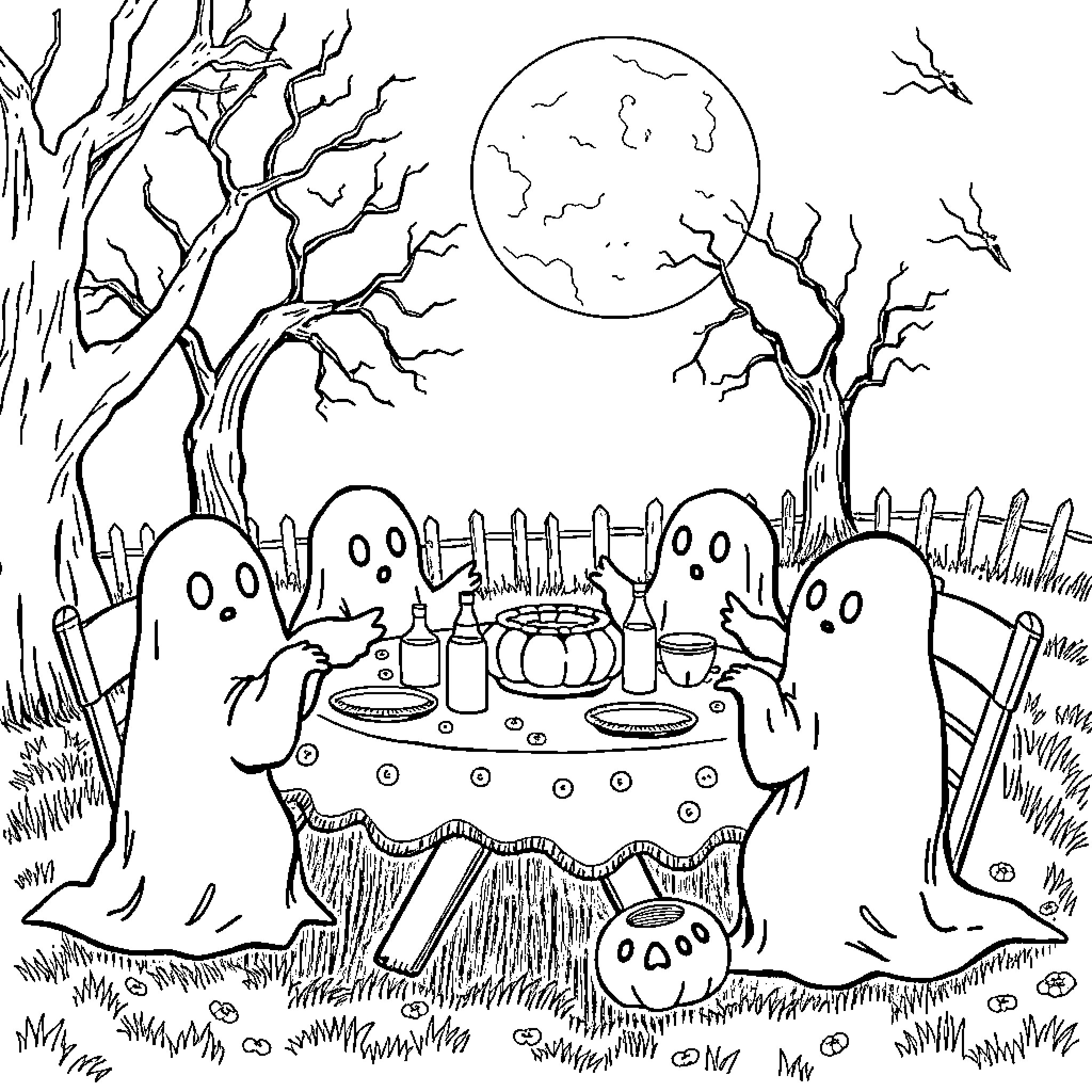 Ghost Feast Under Haunting Moonlight Coloring Page (free black-and-white line drawing printable PDF for all, from beginners to advanced learners, including children, teens, adults, and seniors)