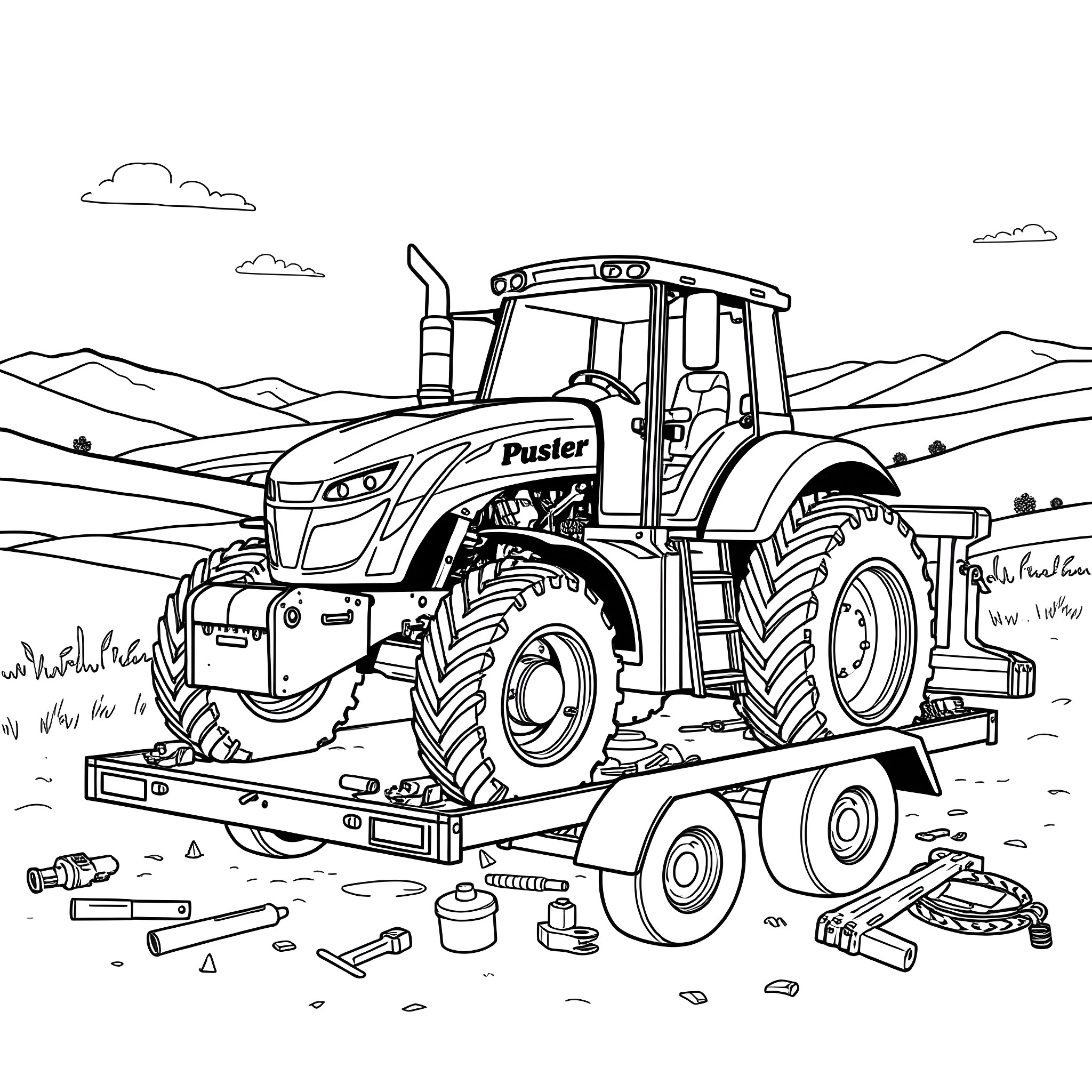 Pusher tractor hauling equipment on rugged terrain Coloring Page (free black-and-white line drawing printable PDF for all, from beginners to advanced learners, including children, teens, adults, and seniors)