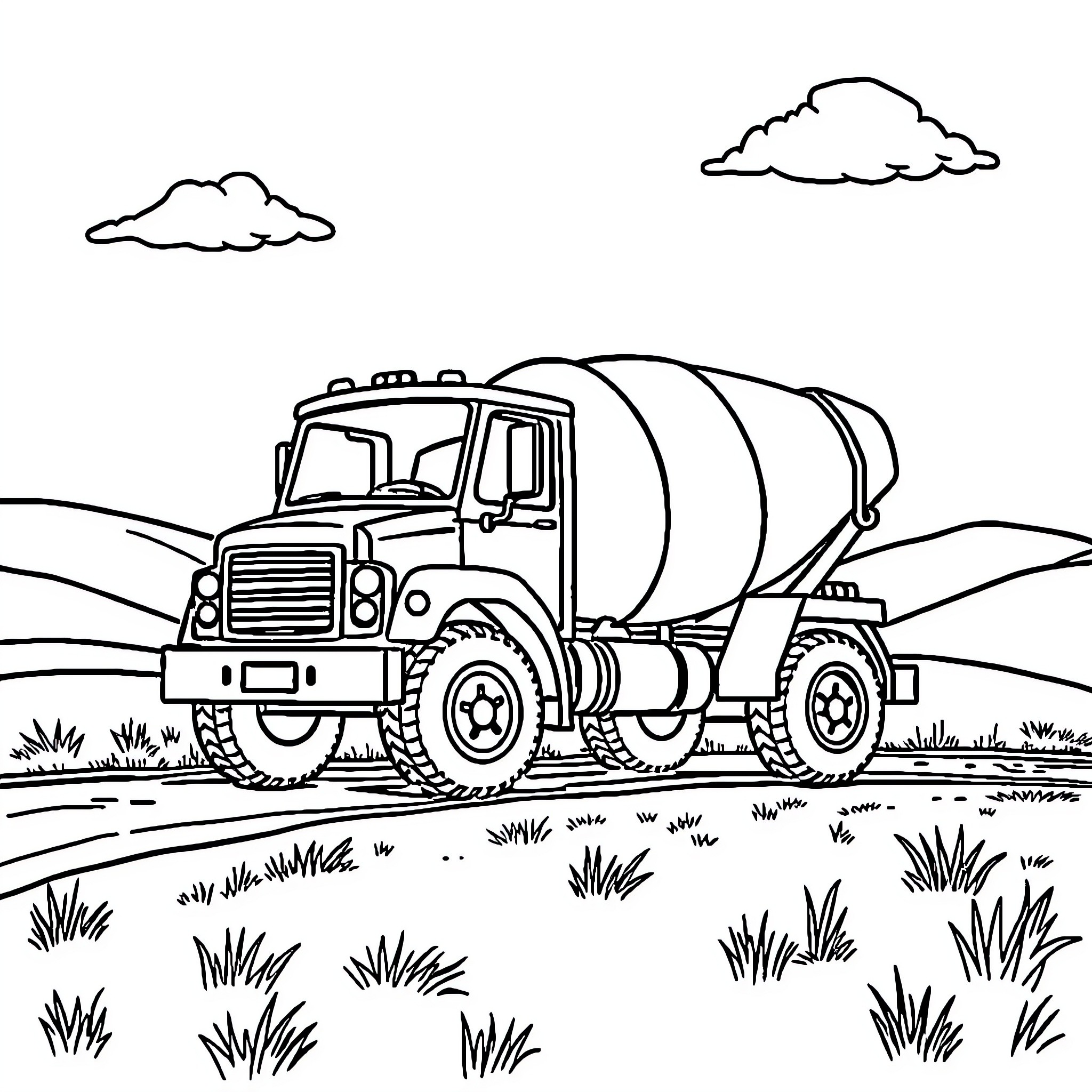 Cement Truck Transporting Cargo Across Countryside Coloring Page (free black-and-white line drawing printable PDF for all, from beginners to advanced learners, including children, teens, adults, and seniors)