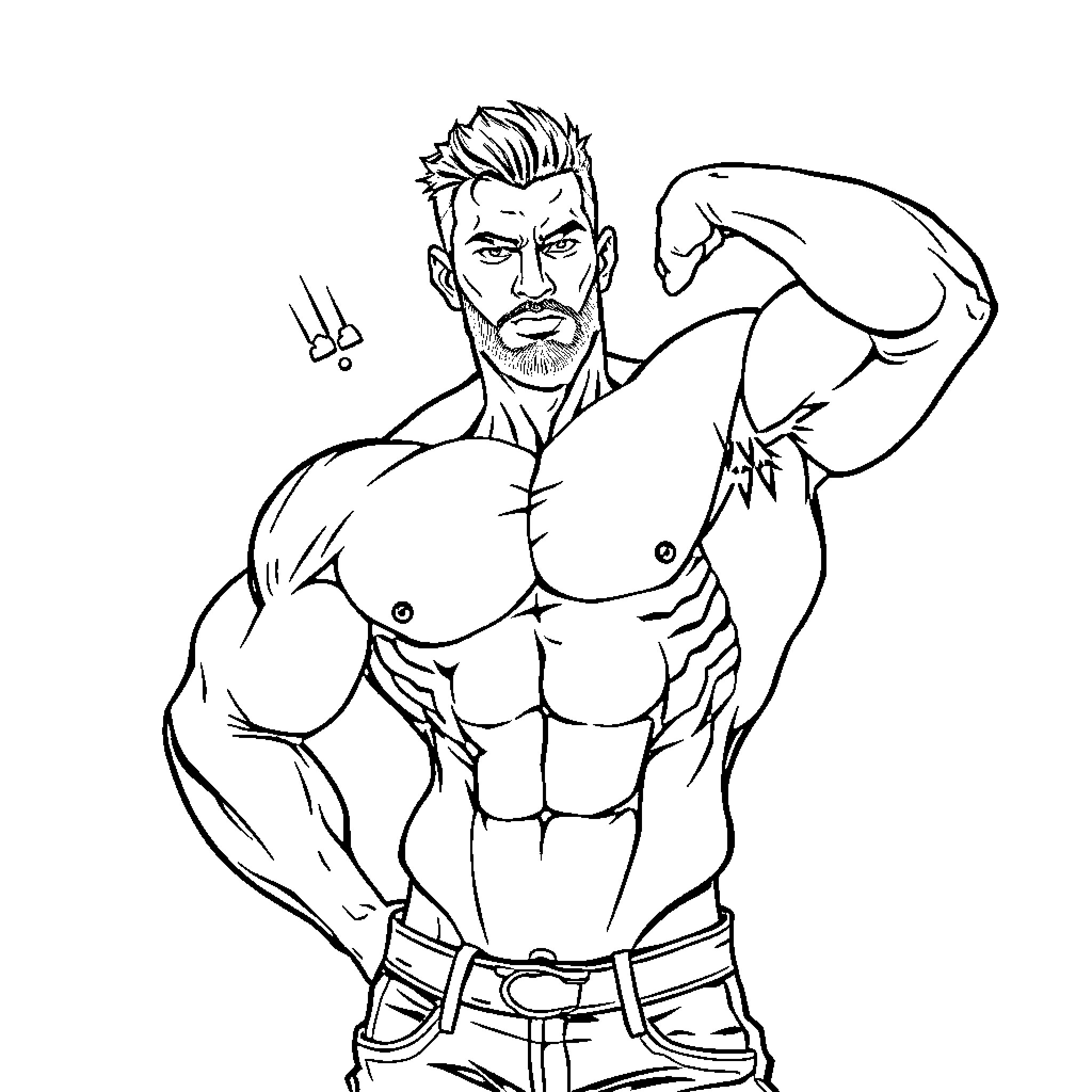 Muscular Man Flexing Powerful Physique Coloring Page (free black-and-white line drawing printable PDF for all, from beginners to advanced learners, including children, teens, adults, and seniors)