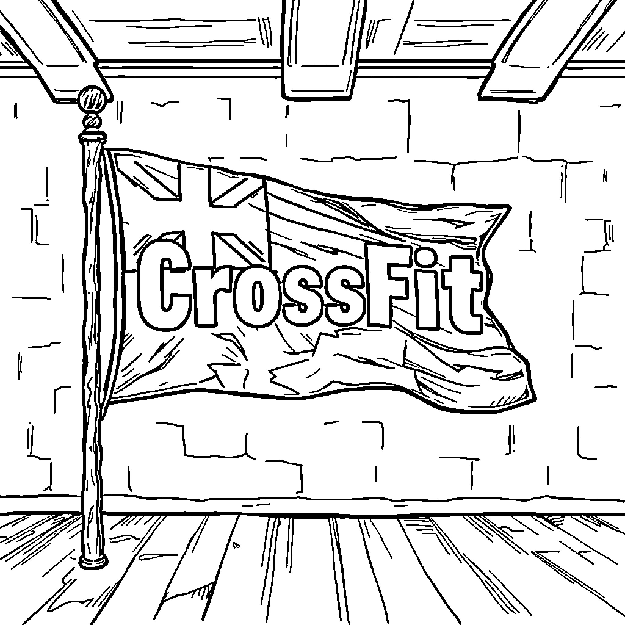 Flag of CrossFit waving in the gym Coloring Page (free black-and-white line drawing printable PDF for all, from beginners to advanced learners, including children, teens, adults, and seniors)