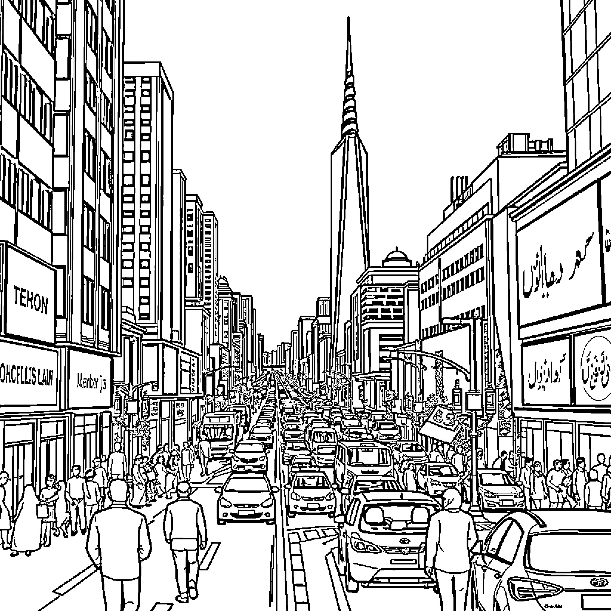 Tehran cityscape with bustling streets and iconic tower Coloring Page (free black-and-white line drawing printable PDF for all, from beginners to advanced learners, including children, teens, adults, and seniors)