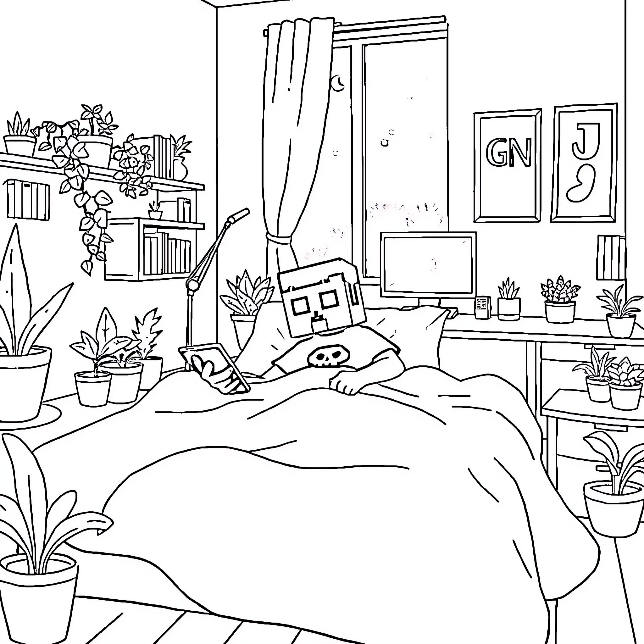 Bedroom with a person resting on the bed Coloring Page (free black-and-white line drawing printable PDF for all, from beginners to advanced learners, including children, teens, adults, and seniors)
