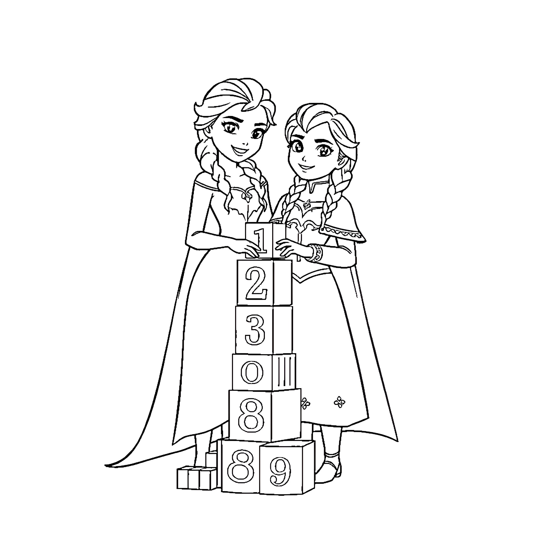 Elsa and Anna Playing with Building Blocks Coloring Page (free black-and-white line drawing printable PDF for all, from beginners to advanced learners, including children, teens, adults, and seniors)