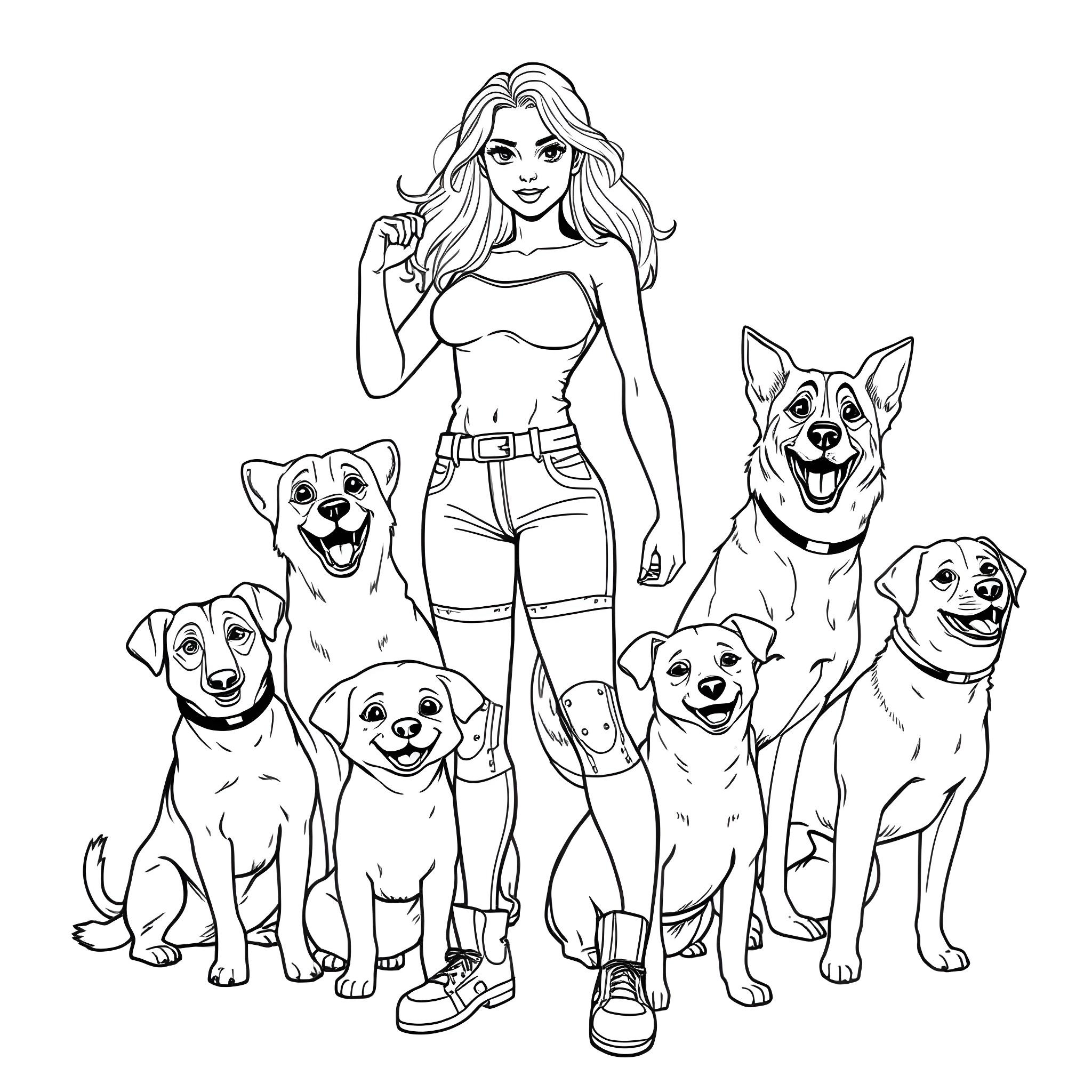 Kylie with cheerful dogs in the park Coloring Page (free black-and-white line drawing printable PDF for all, from beginners to advanced learners, including children, teens, adults, and seniors)