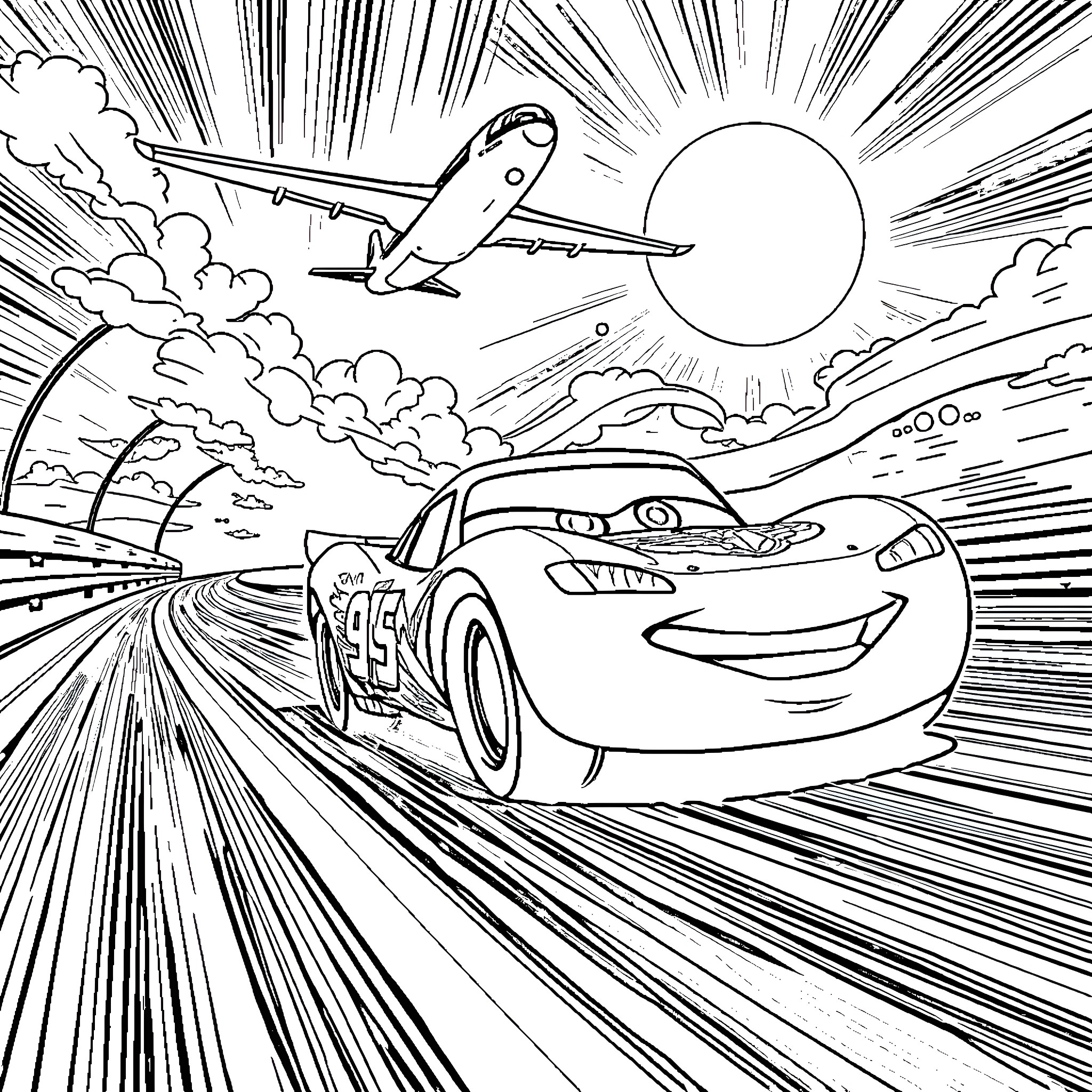 Lightning McQueen on a high-speed adventure Coloring Page (free black-and-white line drawing printable PDF for all, from beginners to advanced learners, including children, teens, adults, and seniors)