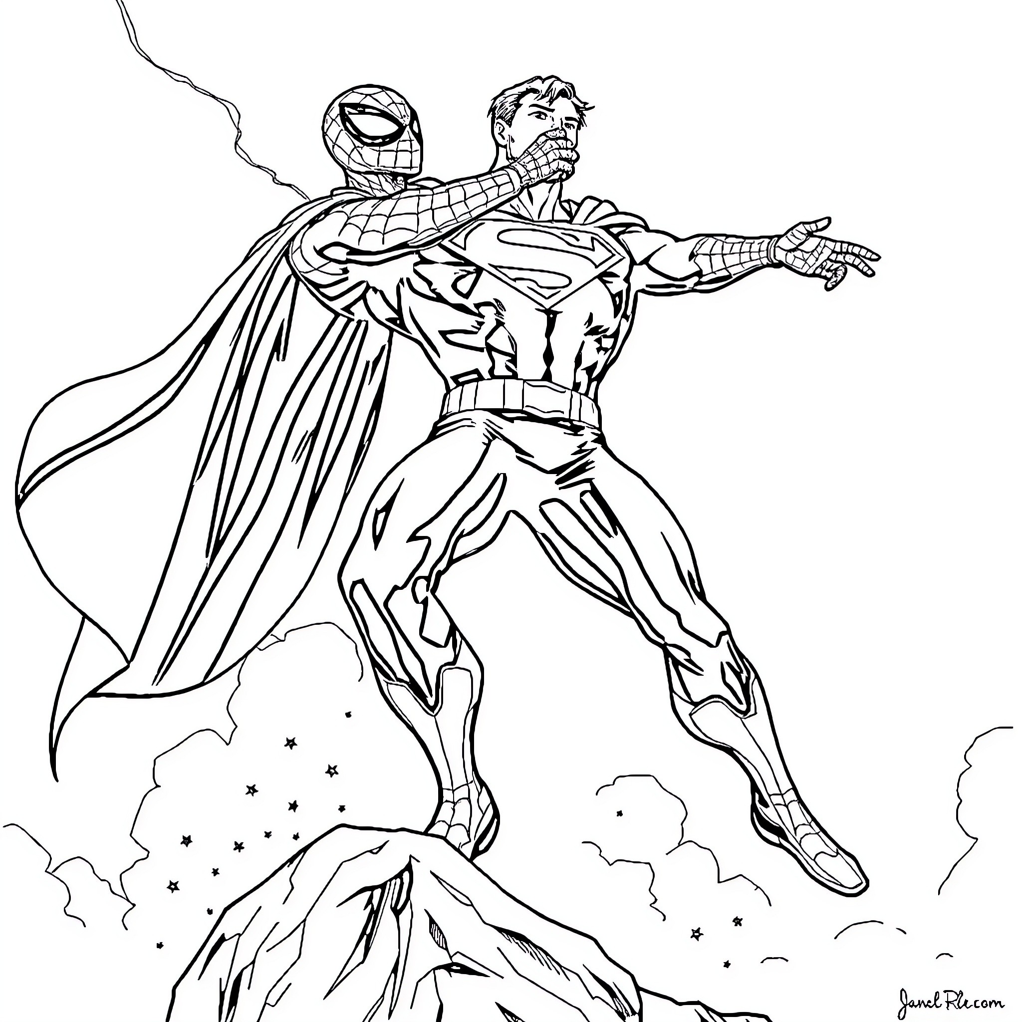 Spiderman and Superman in epic battle Coloring Page (free black-and-white line drawing printable PDF for all, from beginners to advanced learners, including children, teens, adults, and seniors)