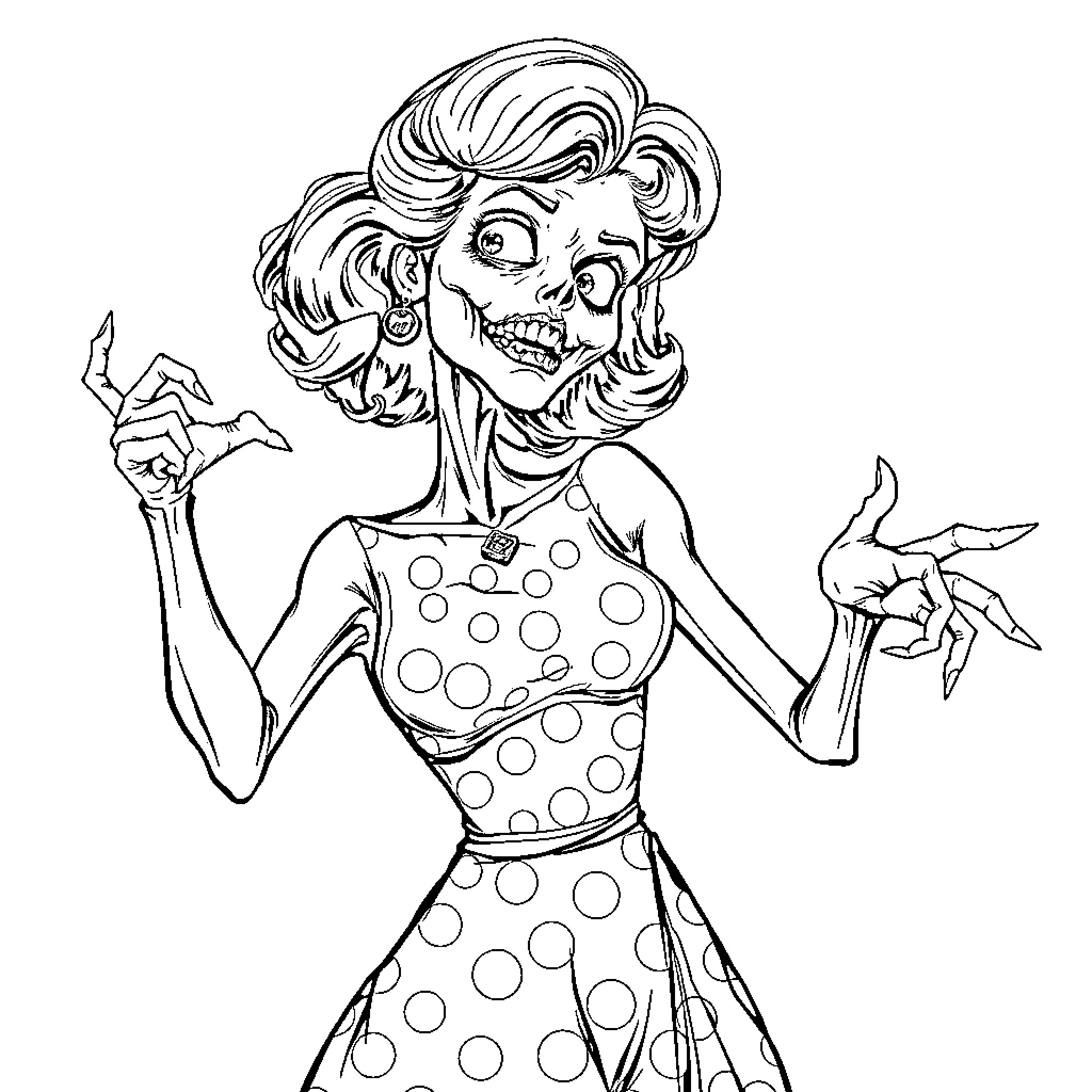 Zombie woman in polka dot dress with menacing expression Coloring Page (free black-and-white line drawing printable PDF for all, from beginners to advanced learners, including children, teens, adults, and seniors)