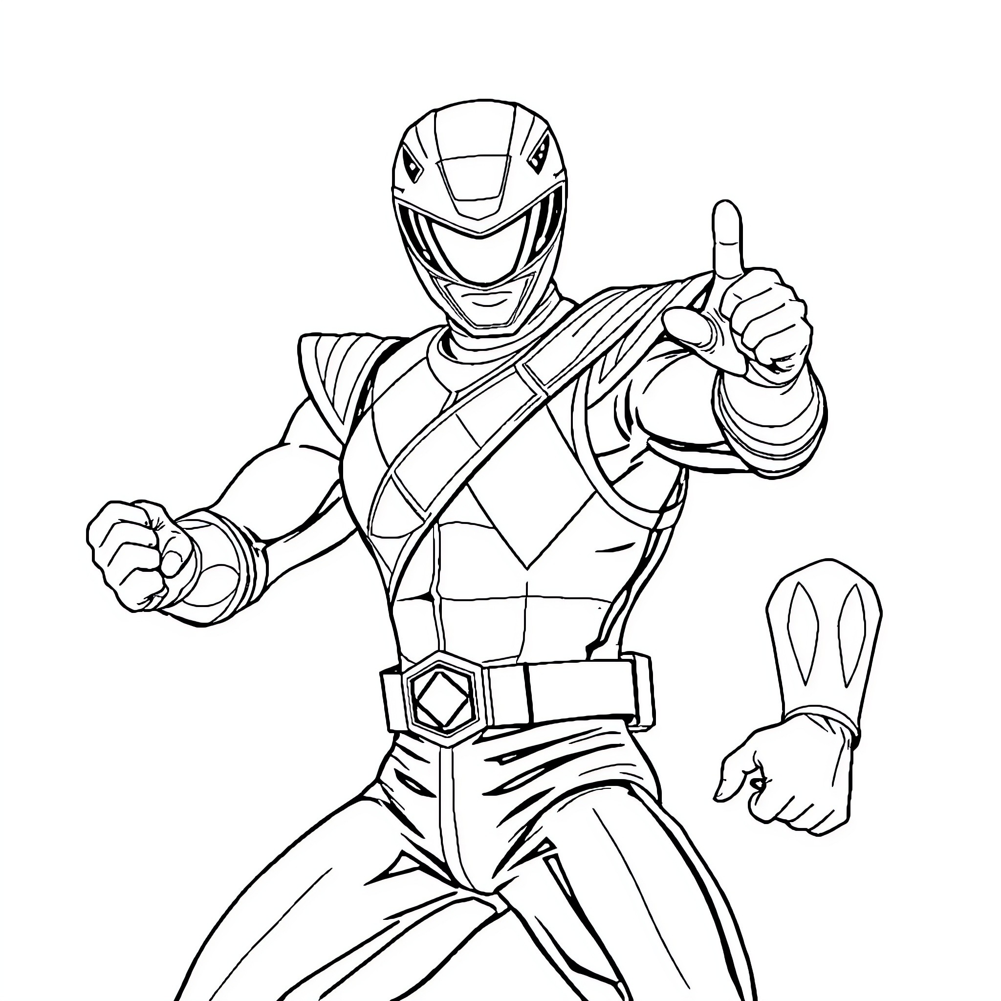 Green Ranger striking a heroic pose Coloring Page (free black-and-white line drawing printable PDF for all, from beginners to advanced learners, including children, teens, adults, and seniors)