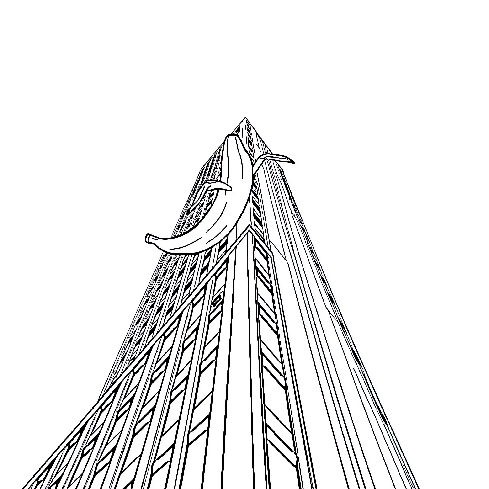 Banana skyscraper with unique architectural design Coloring Page (free black-and-white line drawing printable PDF for all, from beginners to advanced learners, including children, teens, adults, and seniors)