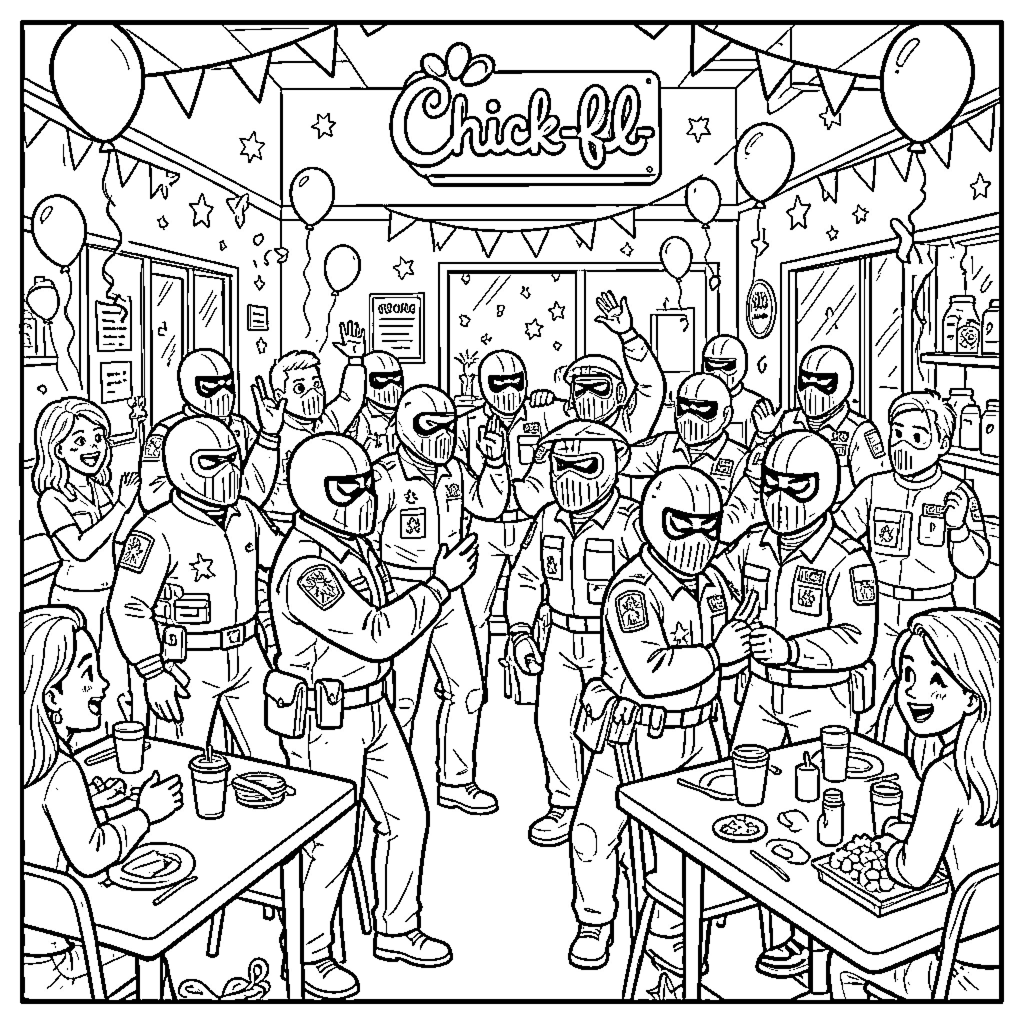 Ice Agent Celebrate Chick-fil-A Party with Decorations Coloring Page (free black-and-white line drawing printable PDF for all, from beginners to advanced learners, including children, teens, adults, and seniors)